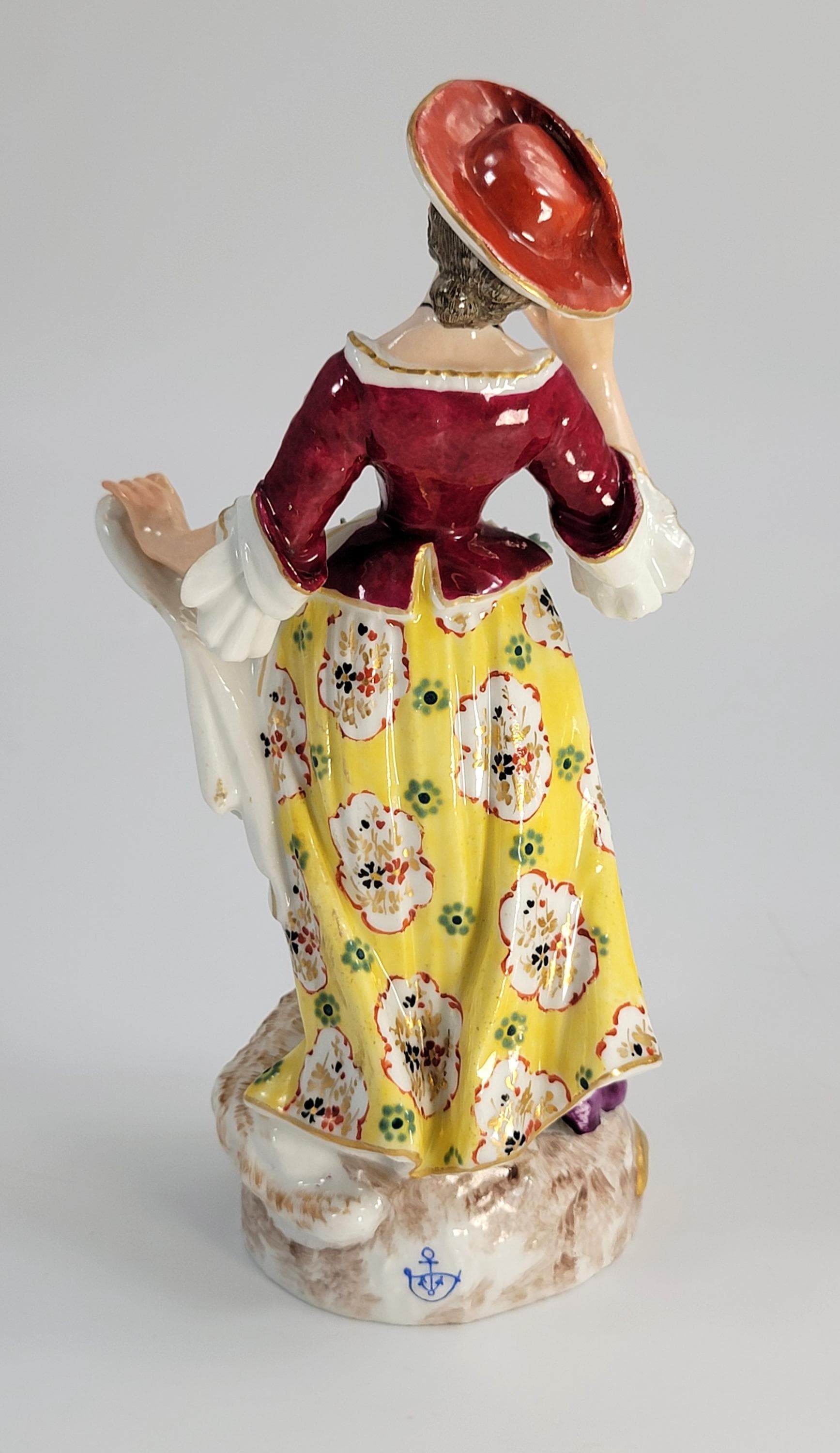 Antique German Porcelain Shepherdess, Chelsea Derby Style, c.1890, Blue Anchor Mark