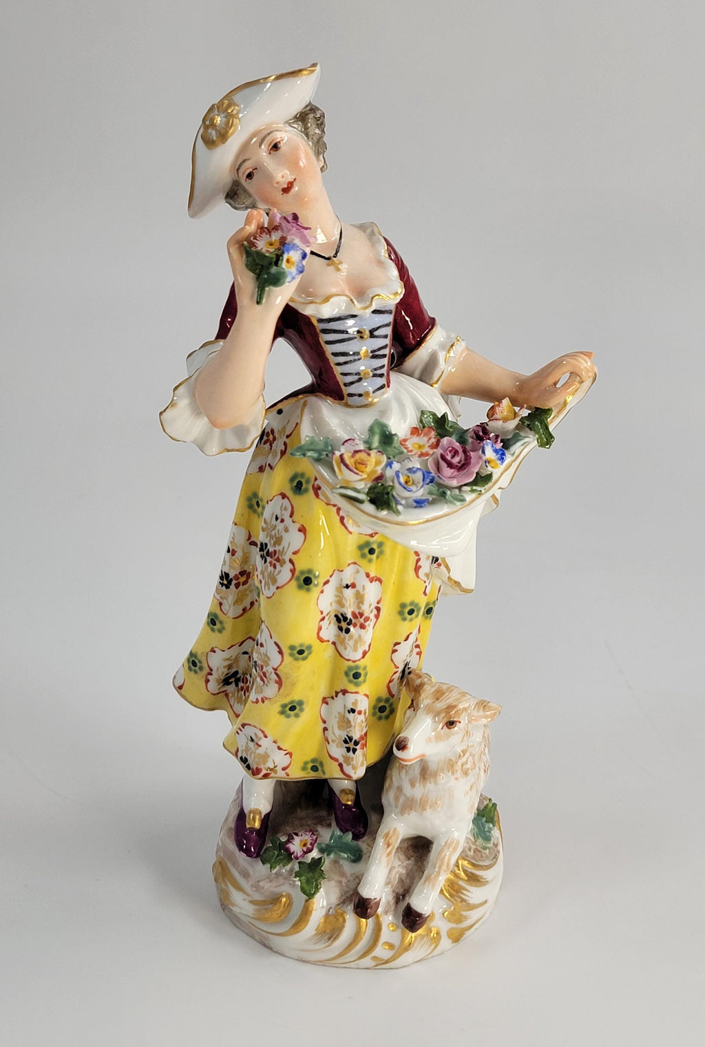 Antique German Porcelain Shepherdess, Chelsea Derby Style, c.1890, Blue Anchor Mark