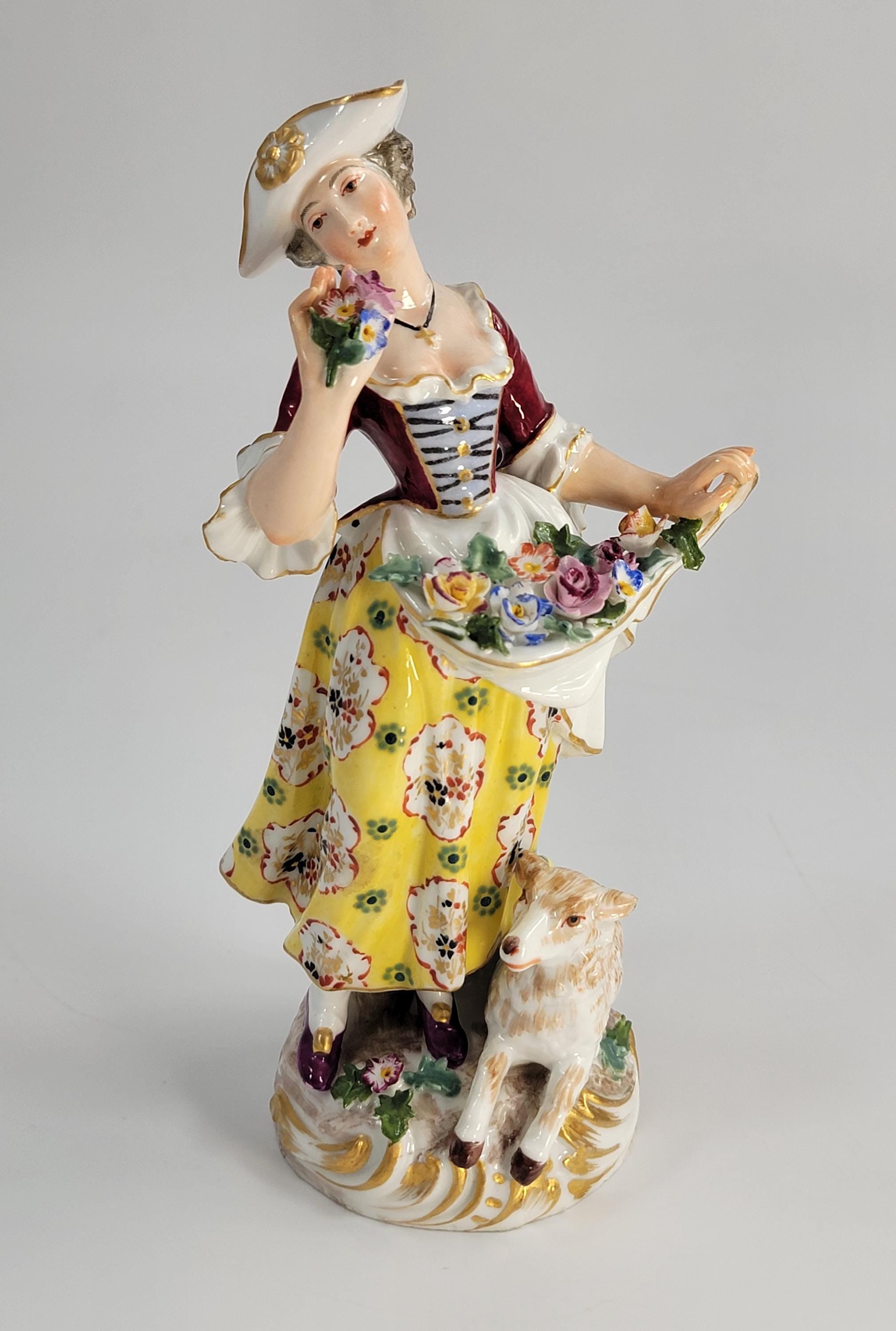 Antique German Porcelain Shepherdess, Chelsea Derby Style, c.1890, Blue Anchor Mark
