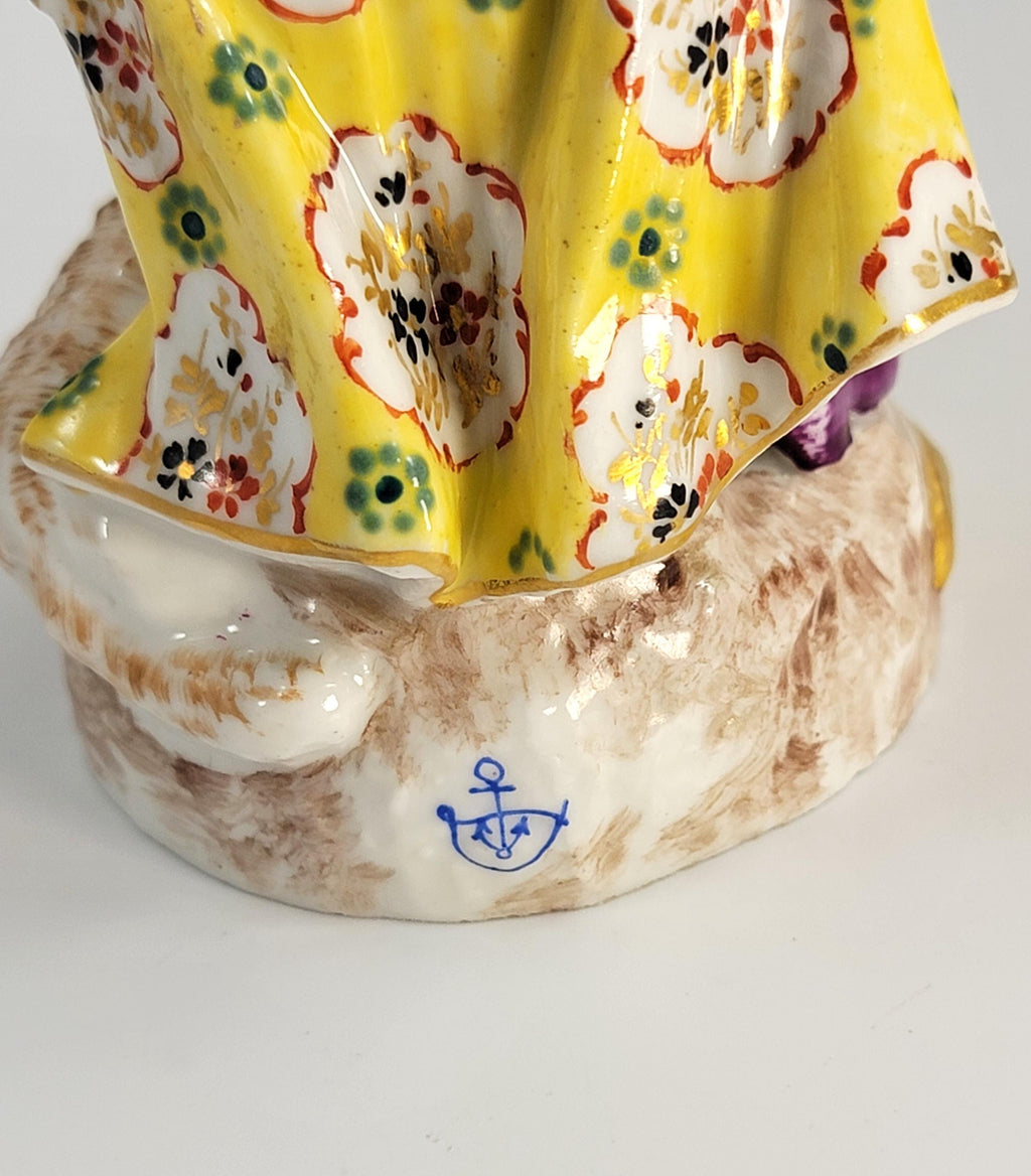 Antique German Porcelain Shepherdess, Chelsea Derby Style, c.1890, Blue Anchor Mark