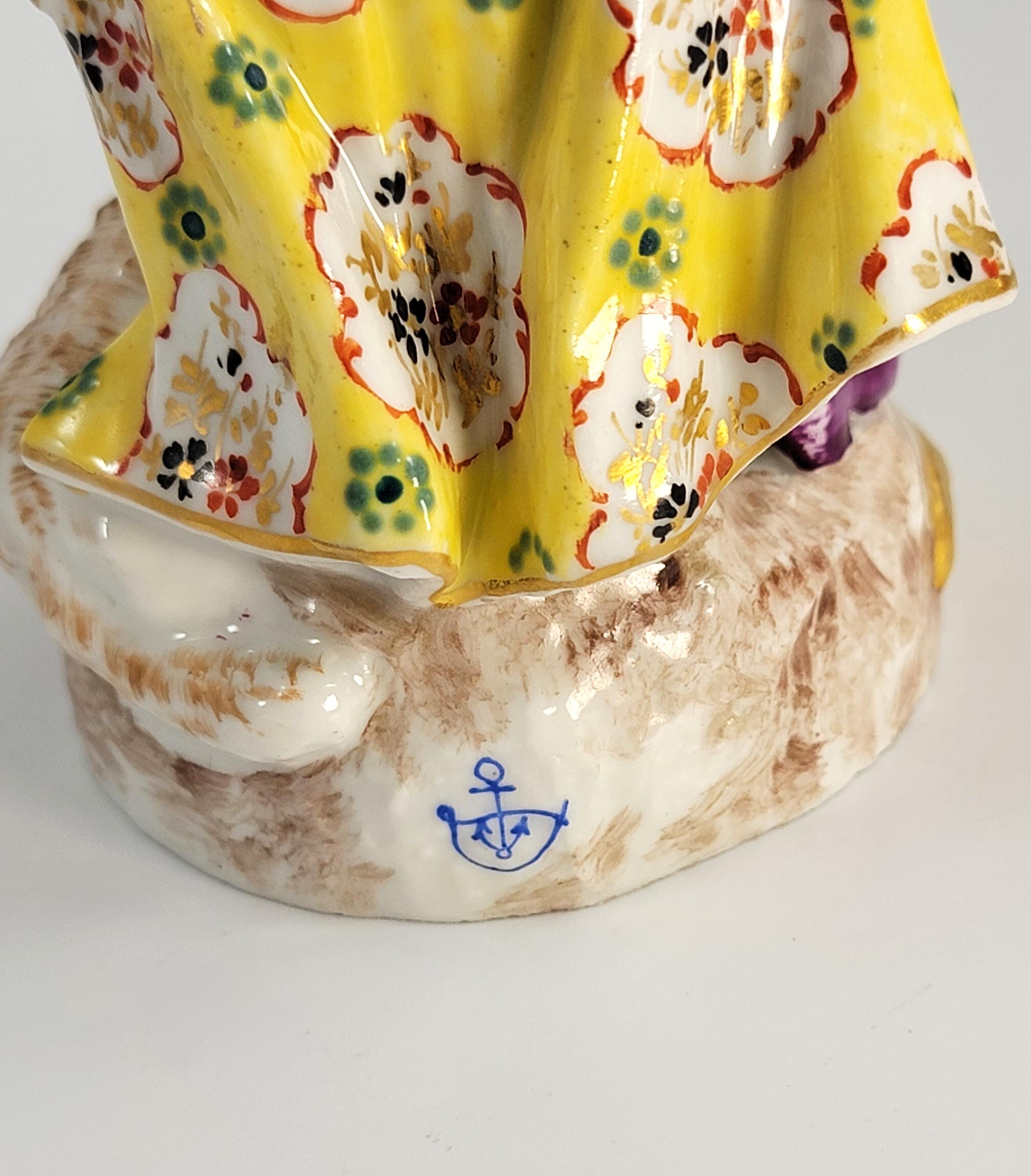 Antique German Porcelain Shepherdess, Chelsea Derby Style, c.1890, Blue Anchor Mark