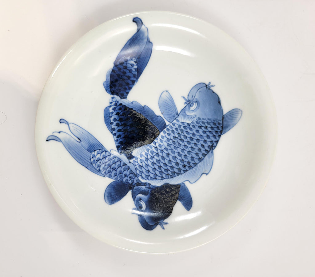 Pair of Japanese Arita Blue & White ‘Twin Koi’ Dishes, Meiji Era, Fuku Mark