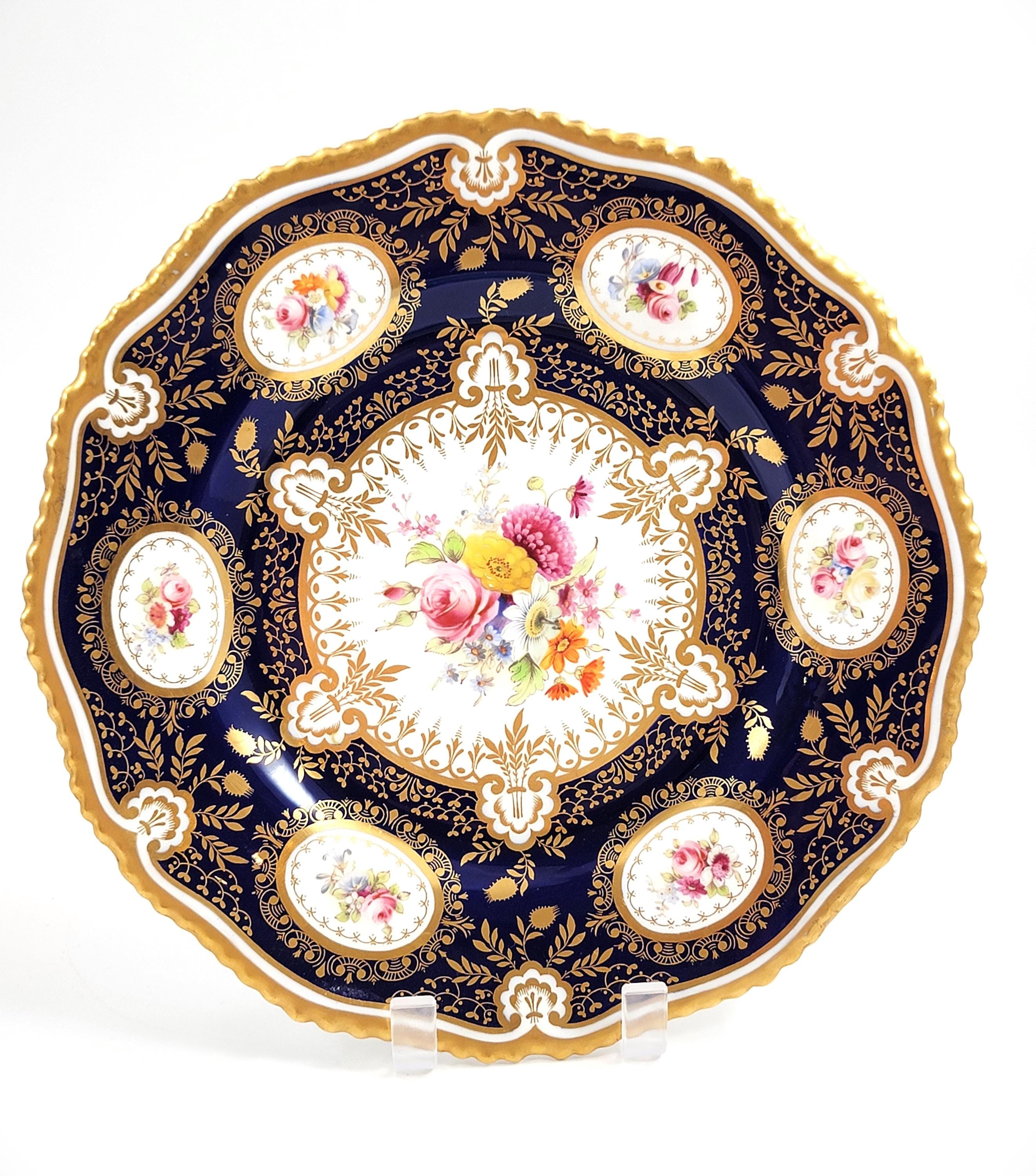 Royal Worcester cobalt cabinet plate, hand-painted florals, heavy gilt, 1903