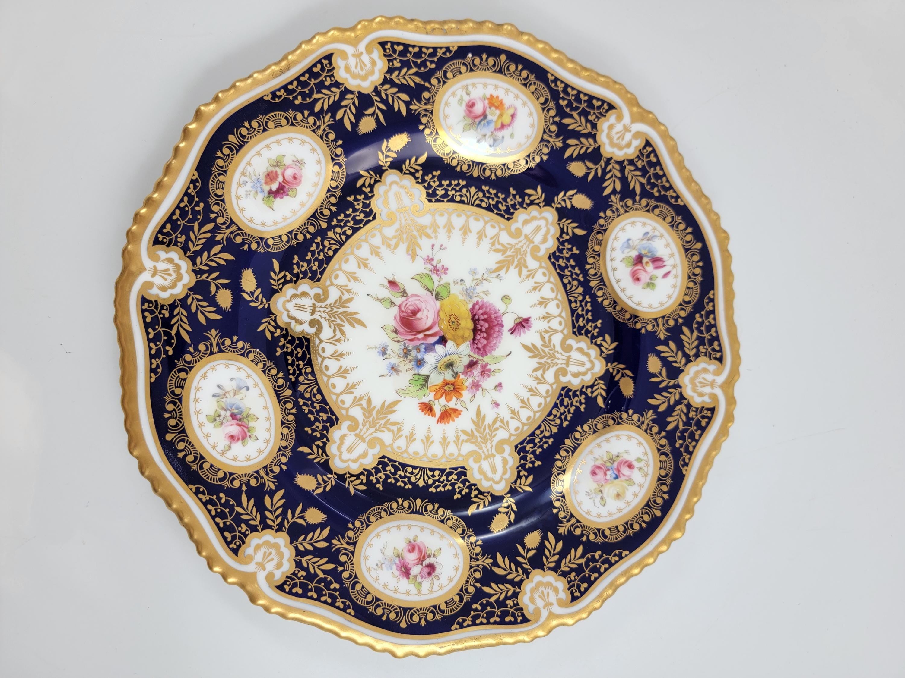 Royal Worcester cobalt cabinet plate, hand-painted florals, heavy gilt, 1903