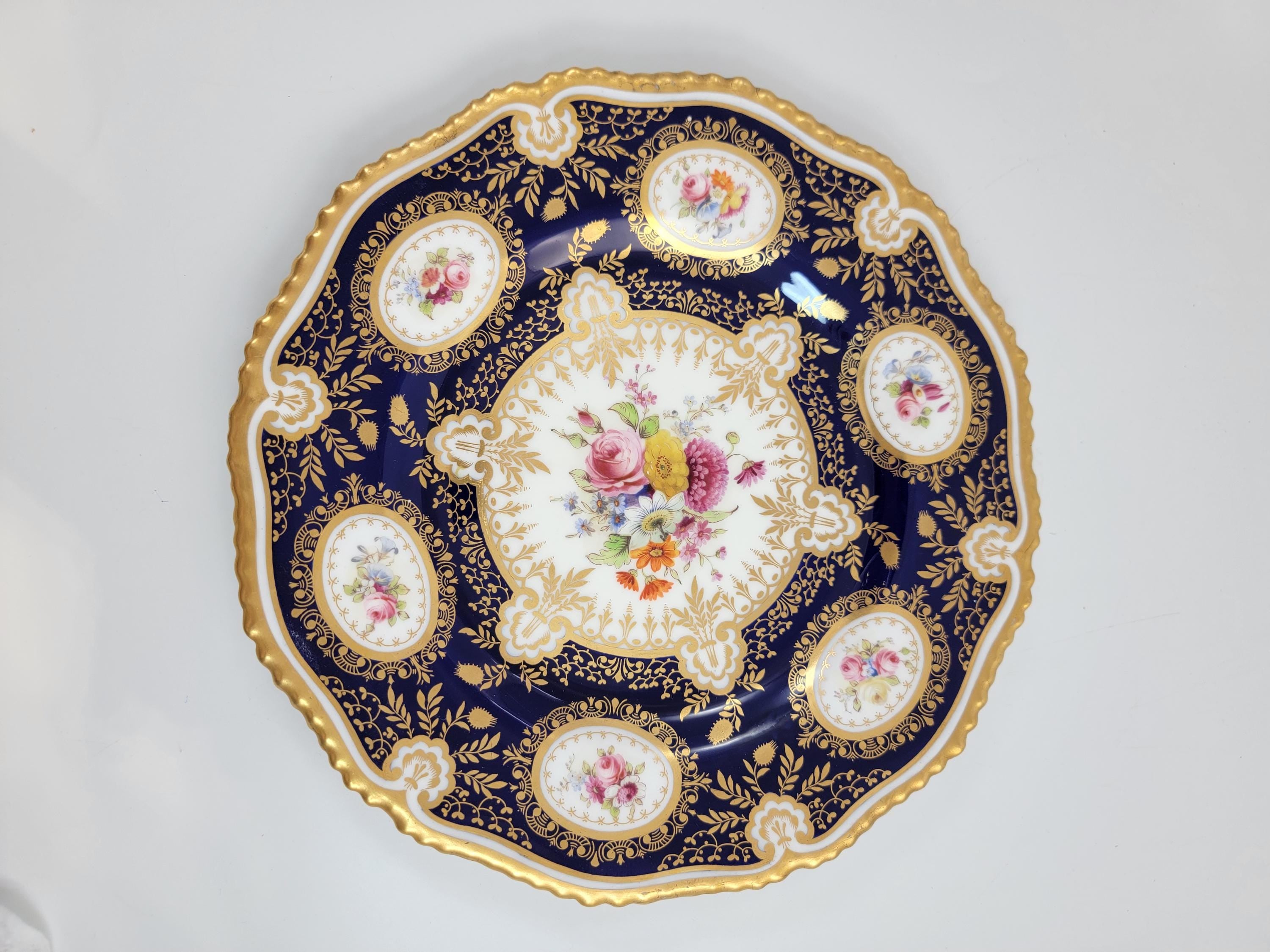 Royal Worcester cobalt cabinet plate, hand-painted florals, heavy gilt, 1903