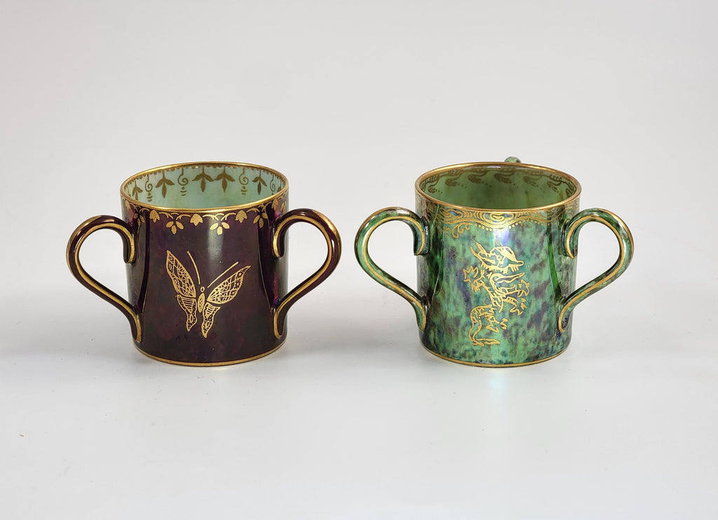 Rare Wedgwood Lustre Pair of Three-Handled Loving Mugs, Daisy Makeig-Jones, c.1915