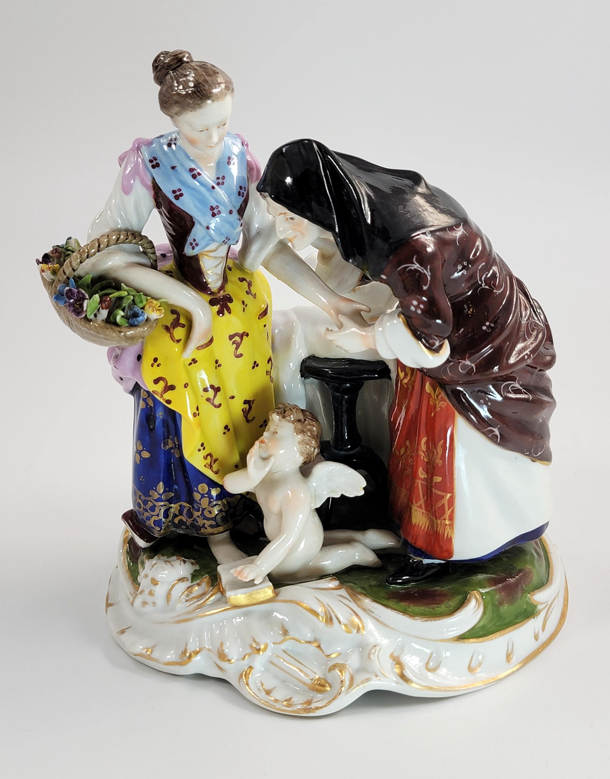 Oldest Volkstedt Porcelain Group “Fortune Teller with Cupid”, German Thuringia, 1915