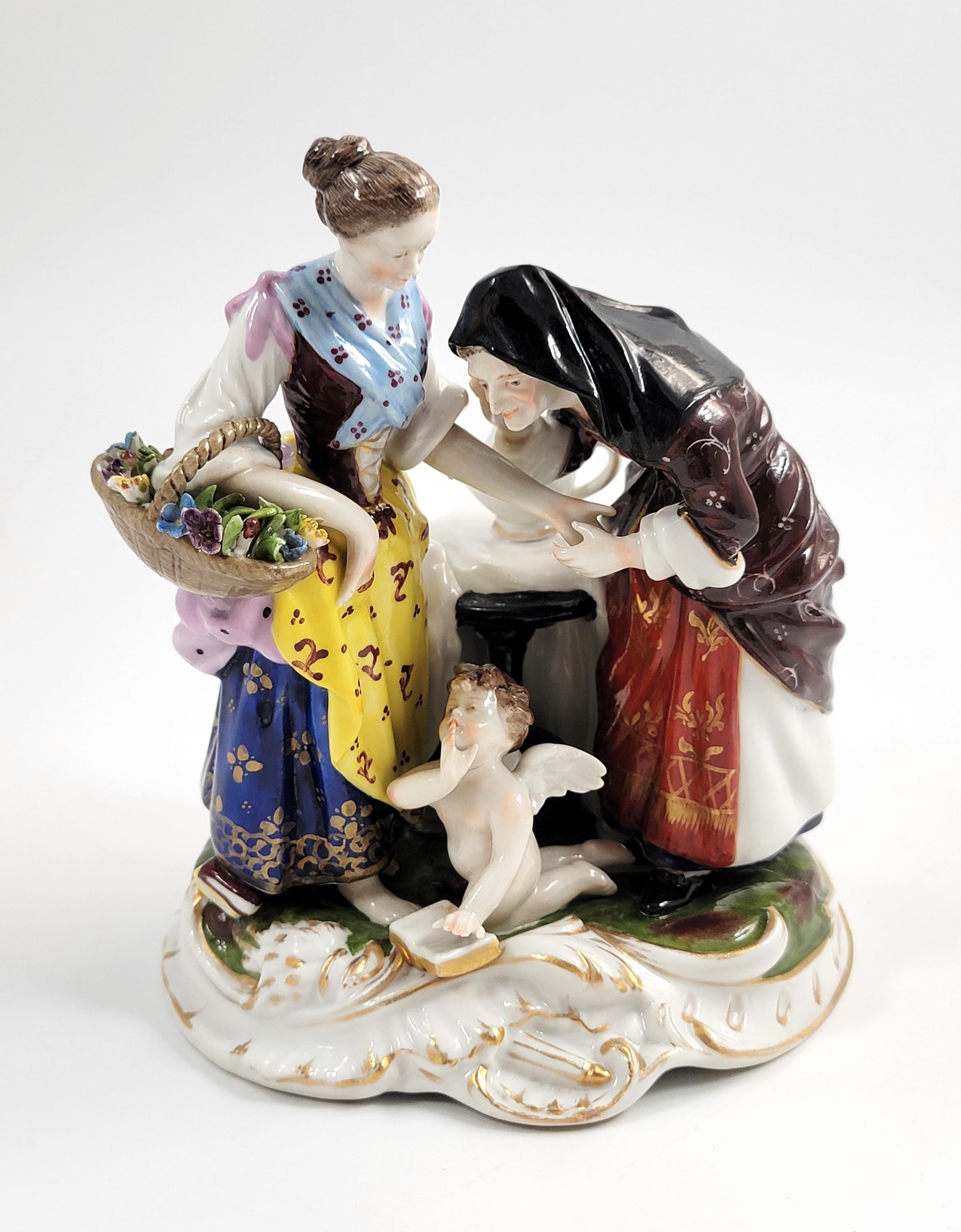 Oldest Volkstedt Porcelain Group “Fortune Teller with Cupid”, German Thuringia, 1915