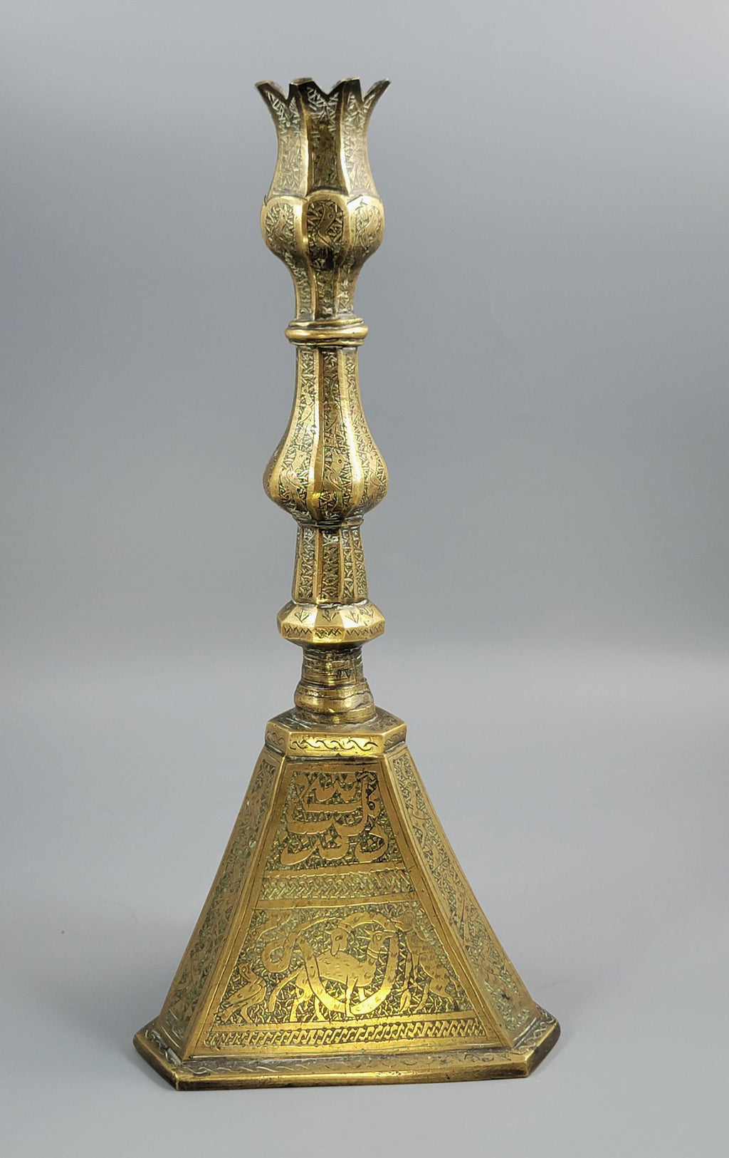 Qajar Persian Engraved Brass Candlestick, c.1880, Large Hand Work