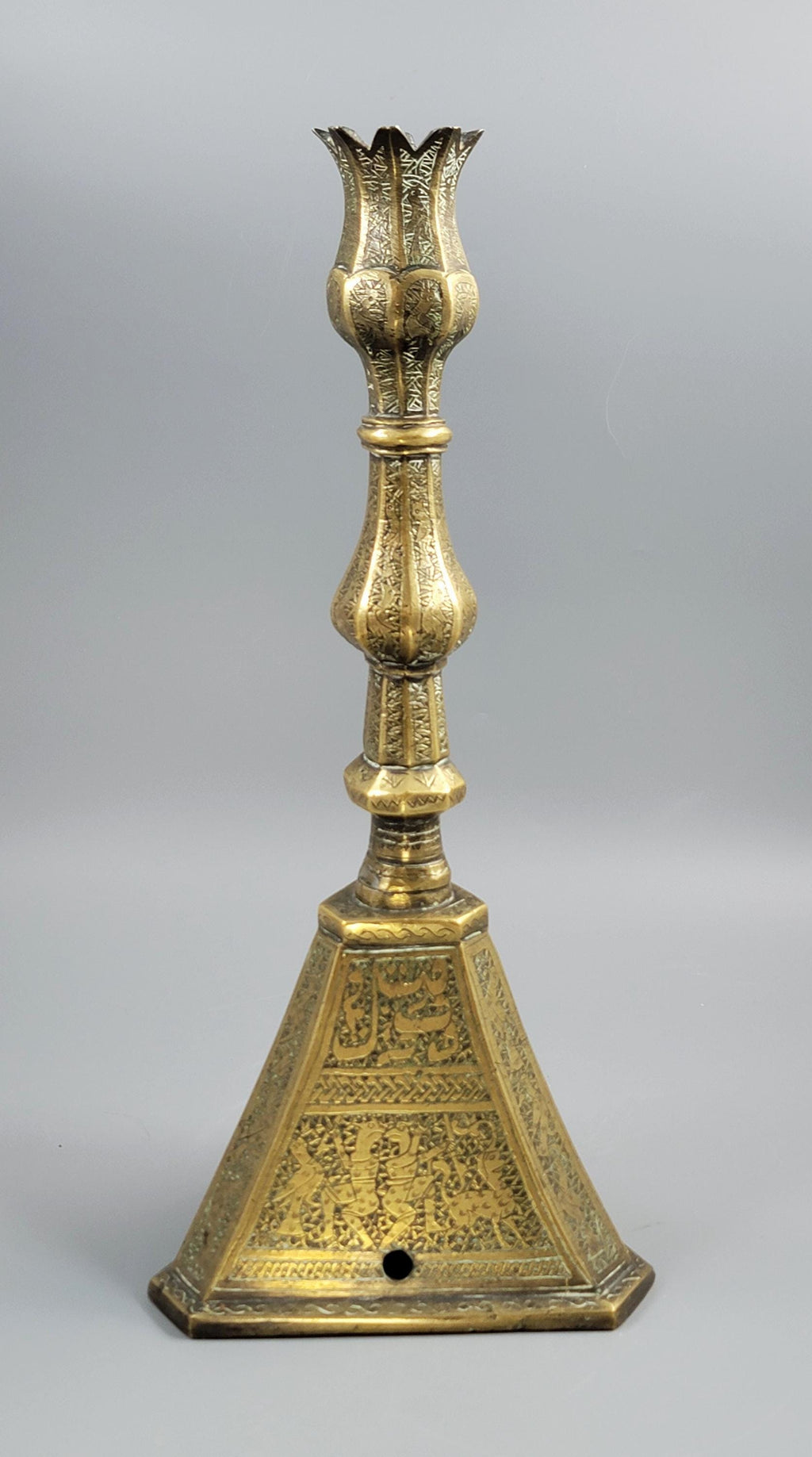 Qajar Persian Engraved Brass Candlestick, c.1880, Large Hand Work