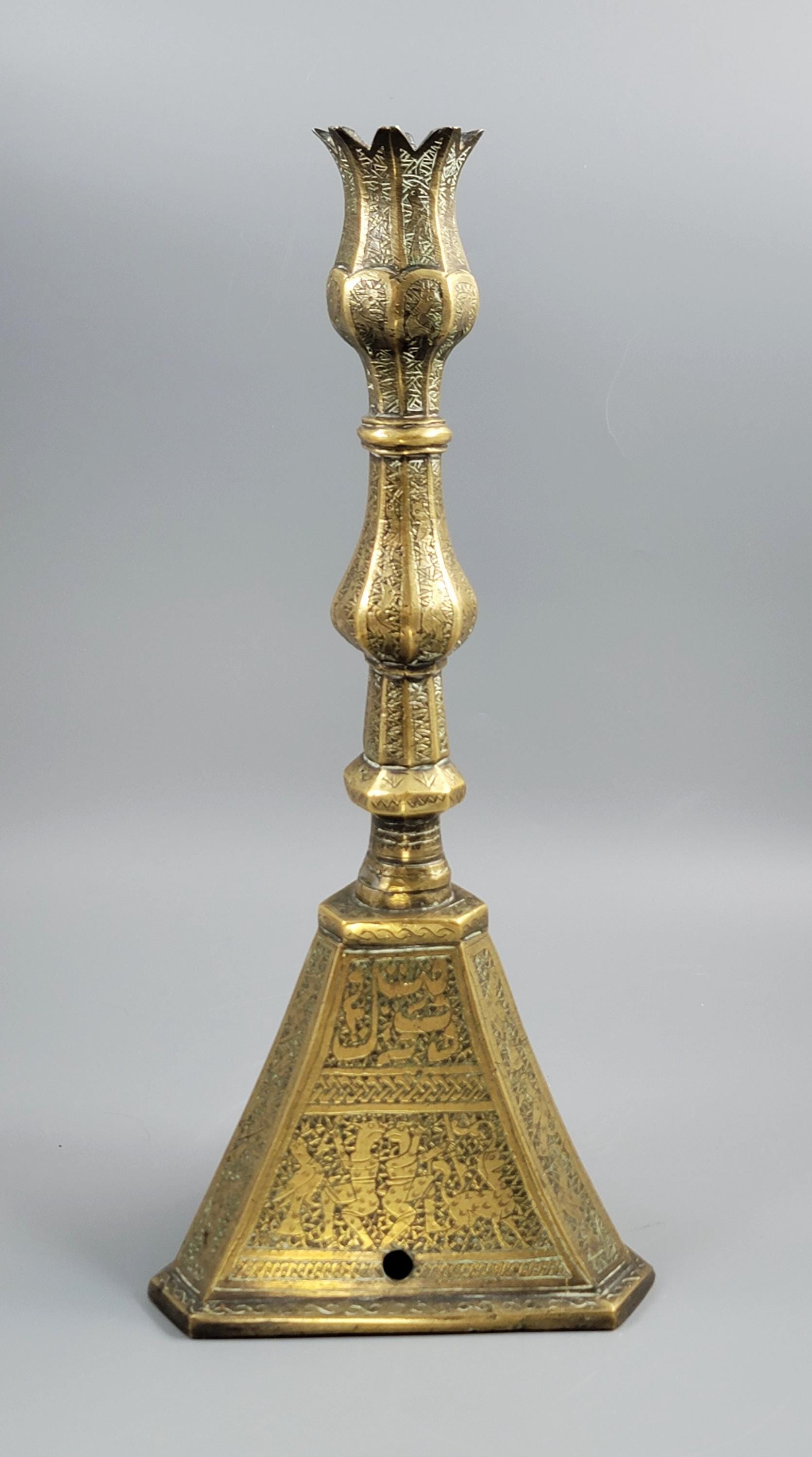 Qajar Persian Engraved Brass Candlestick, c.1880, Large Hand Work
