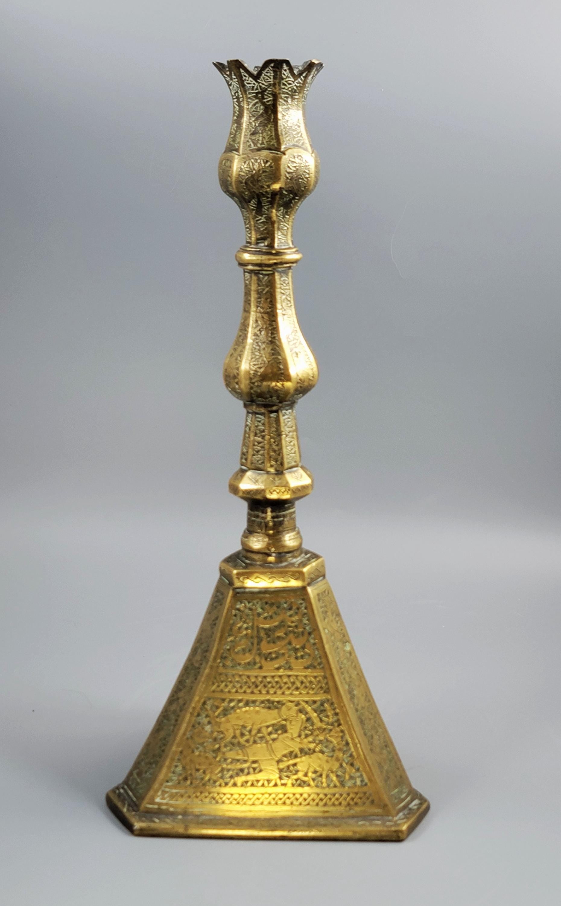 Qajar Persian Engraved Brass Candlestick, c.1880, Large Hand Work