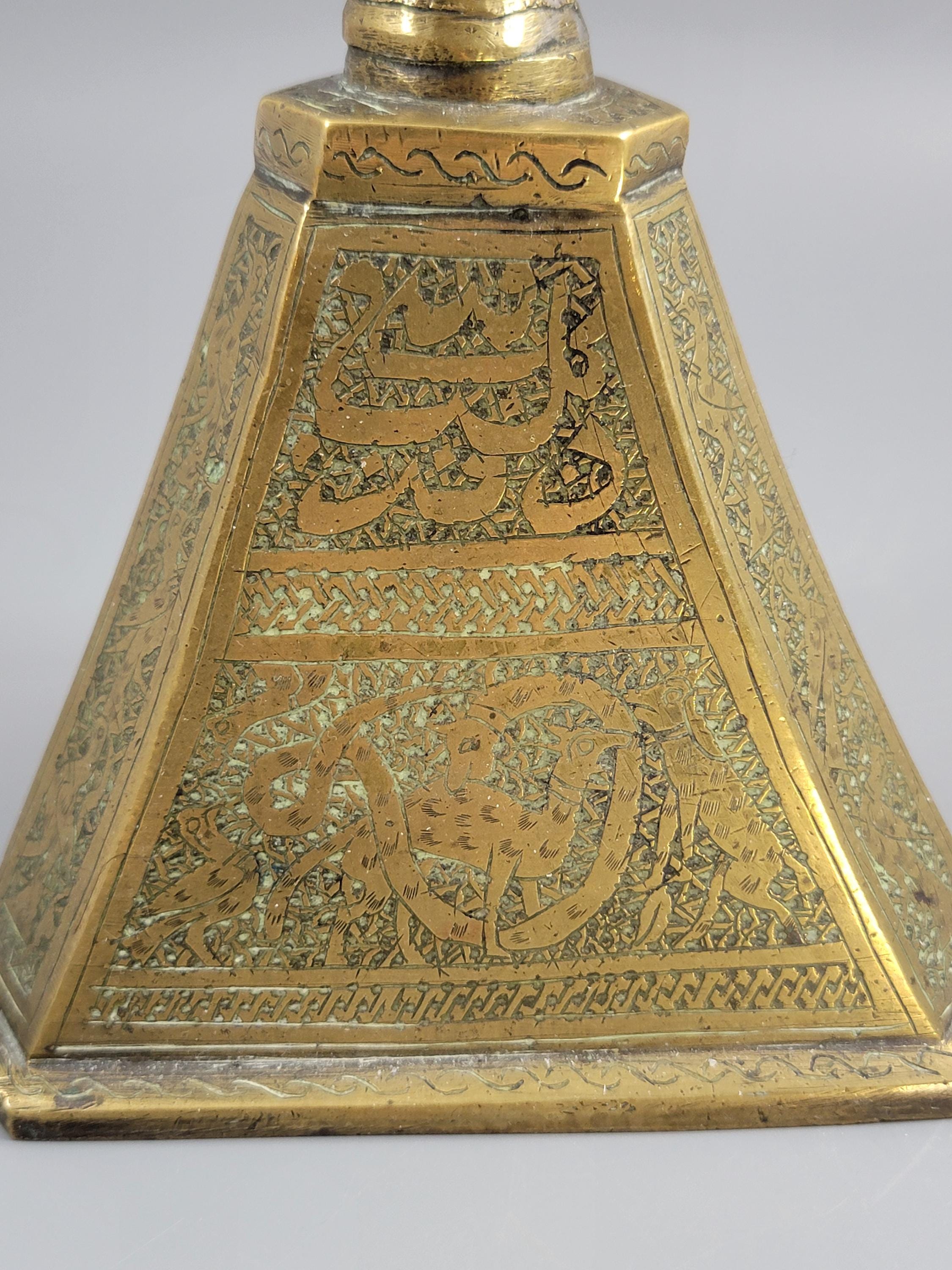 Qajar Persian Engraved Brass Candlestick, c.1880, Large Hand Work
