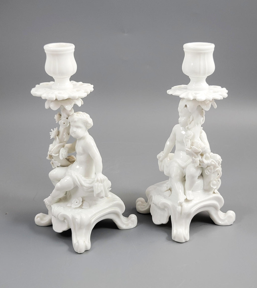 Rare Antique Minton Pair of Figural Candlesticks (Putti), c.1820s