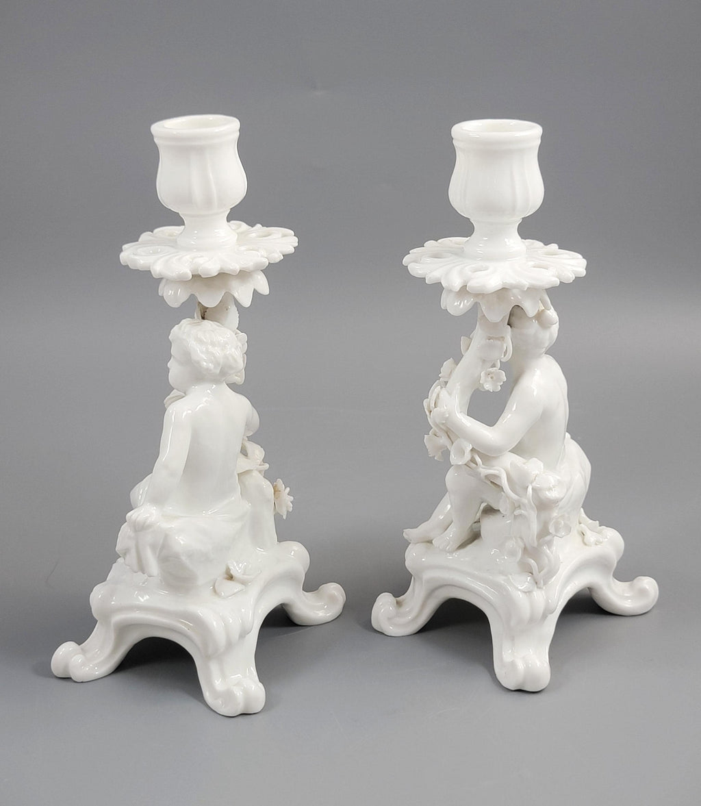 Rare Antique Minton Pair of Figural Candlesticks (Putti), c.1820s