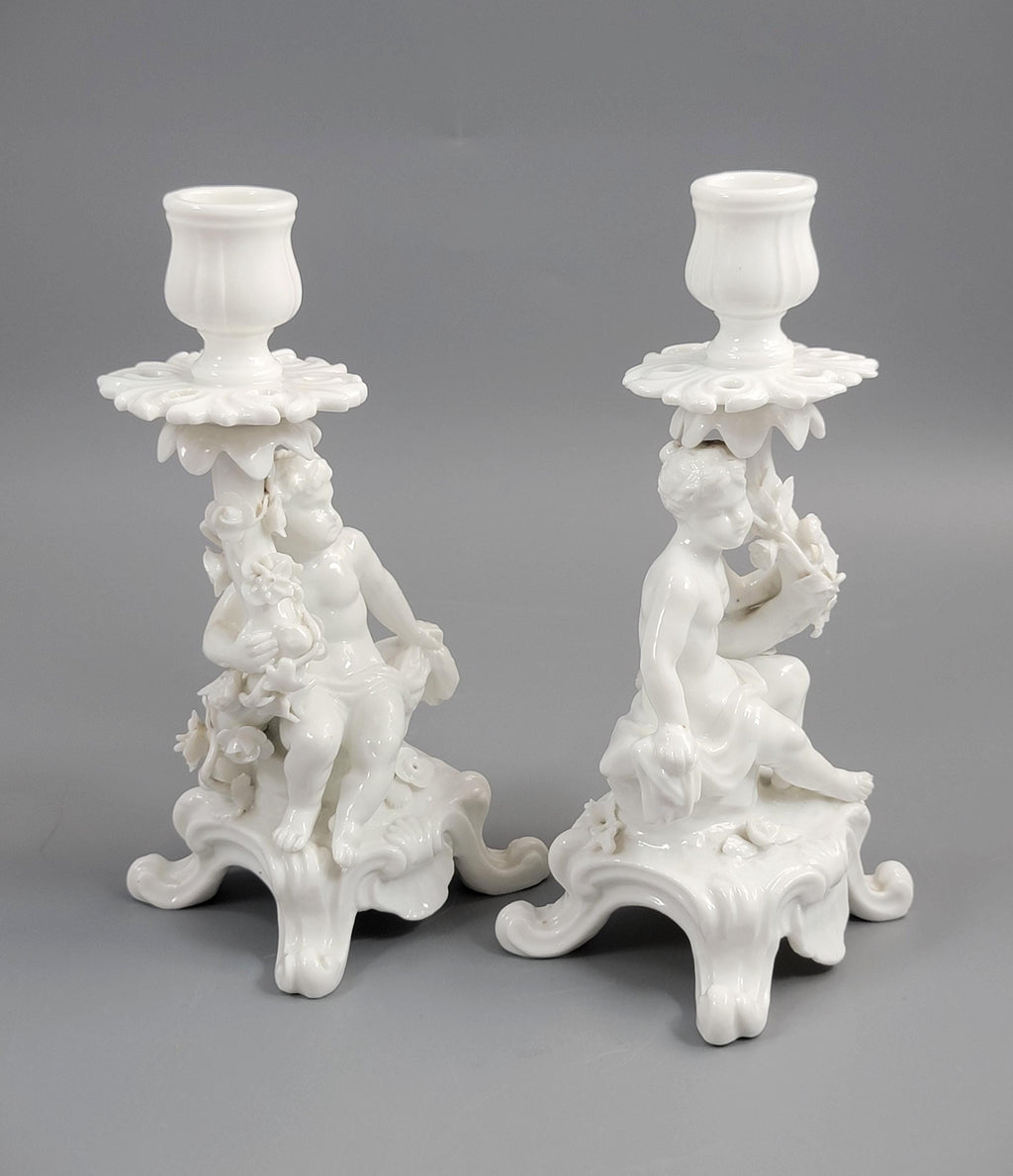 Rare Antique Minton Pair of Figural Candlesticks (Putti), c.1820s