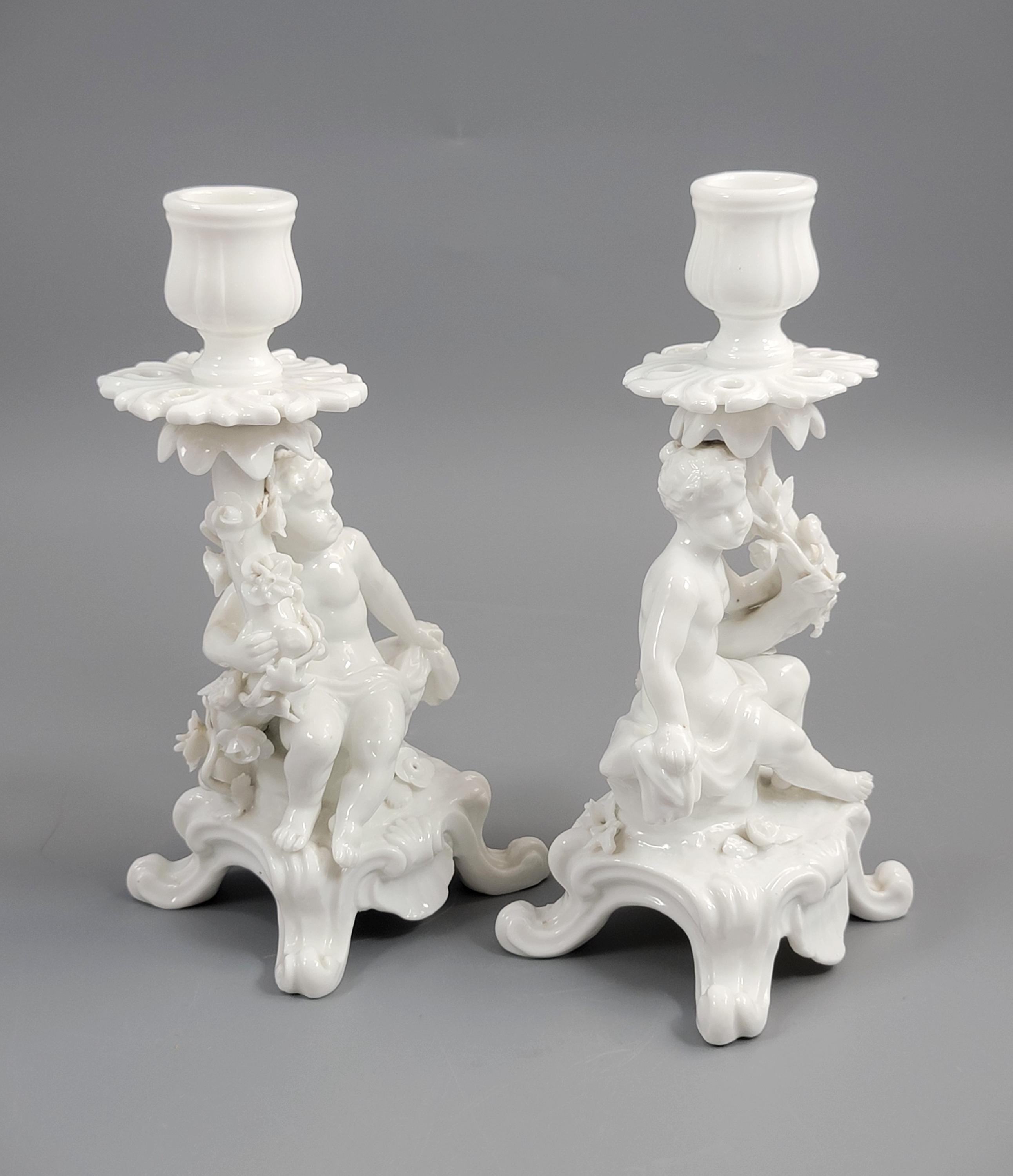 Rare Antique Minton Pair of Figural Candlesticks (Putti), c.1820s