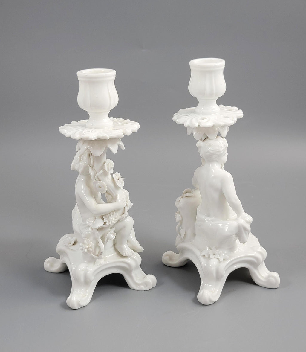 Rare Antique Minton Pair of Figural Candlesticks (Putti), c.1820s