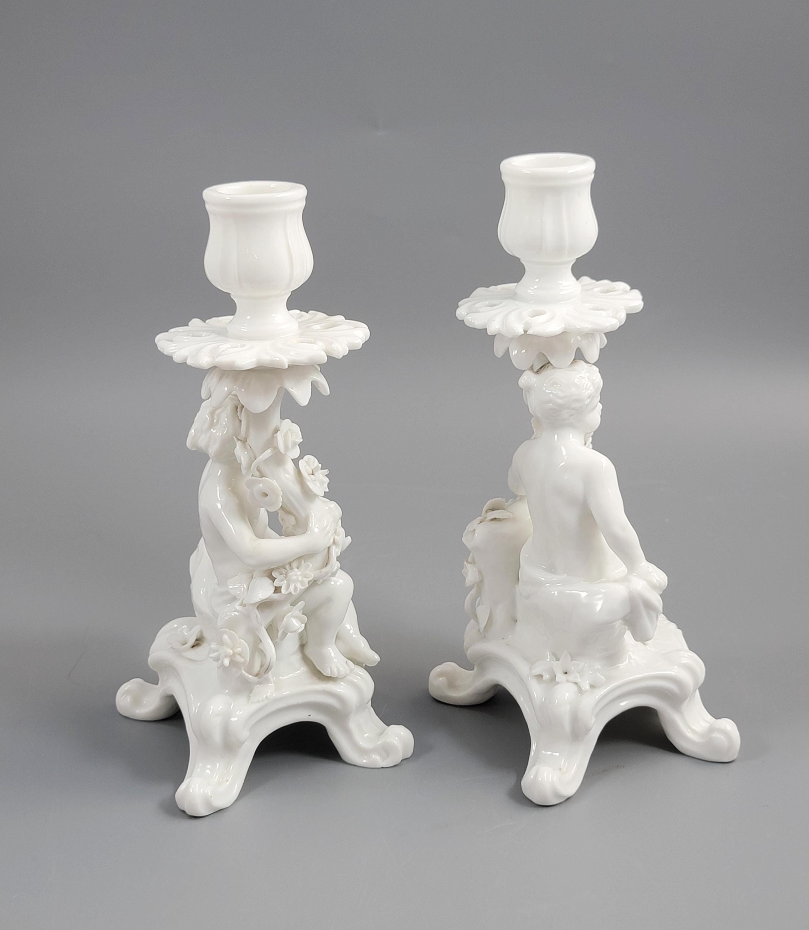 Rare Antique Minton Pair of Figural Candlesticks (Putti), c.1820s