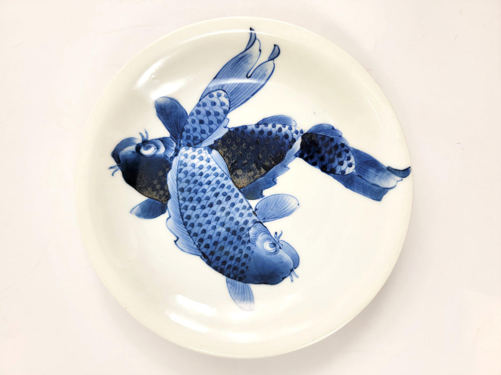 Pair of Japanese Arita Blue & White ‘Twin Koi’ Dishes, Meiji Era, Fuku Mark