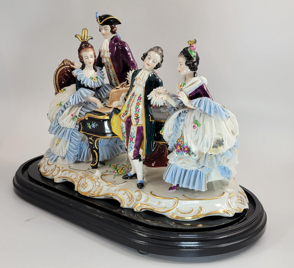 Ernst Bohne Söhne Lace Figural Group, Piano Scene, c.1901.
