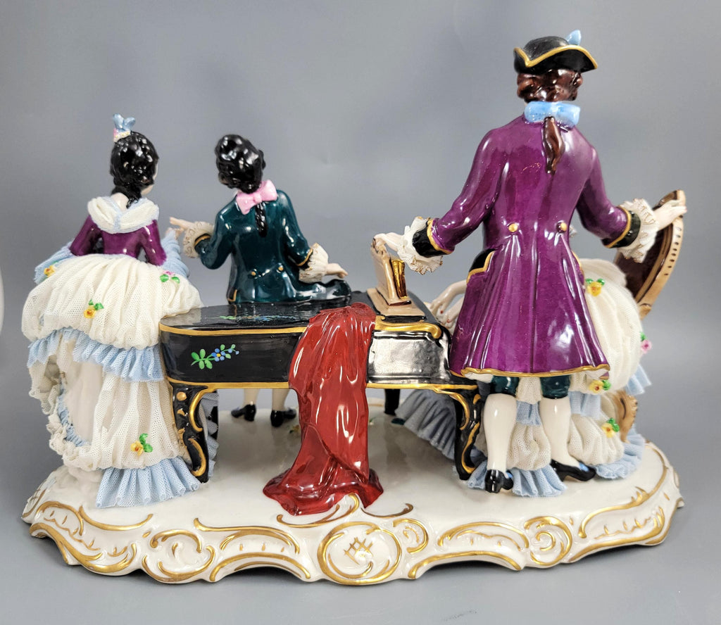 Ernst Bohne Söhne Lace Figural Group, Piano Scene, c.1901.