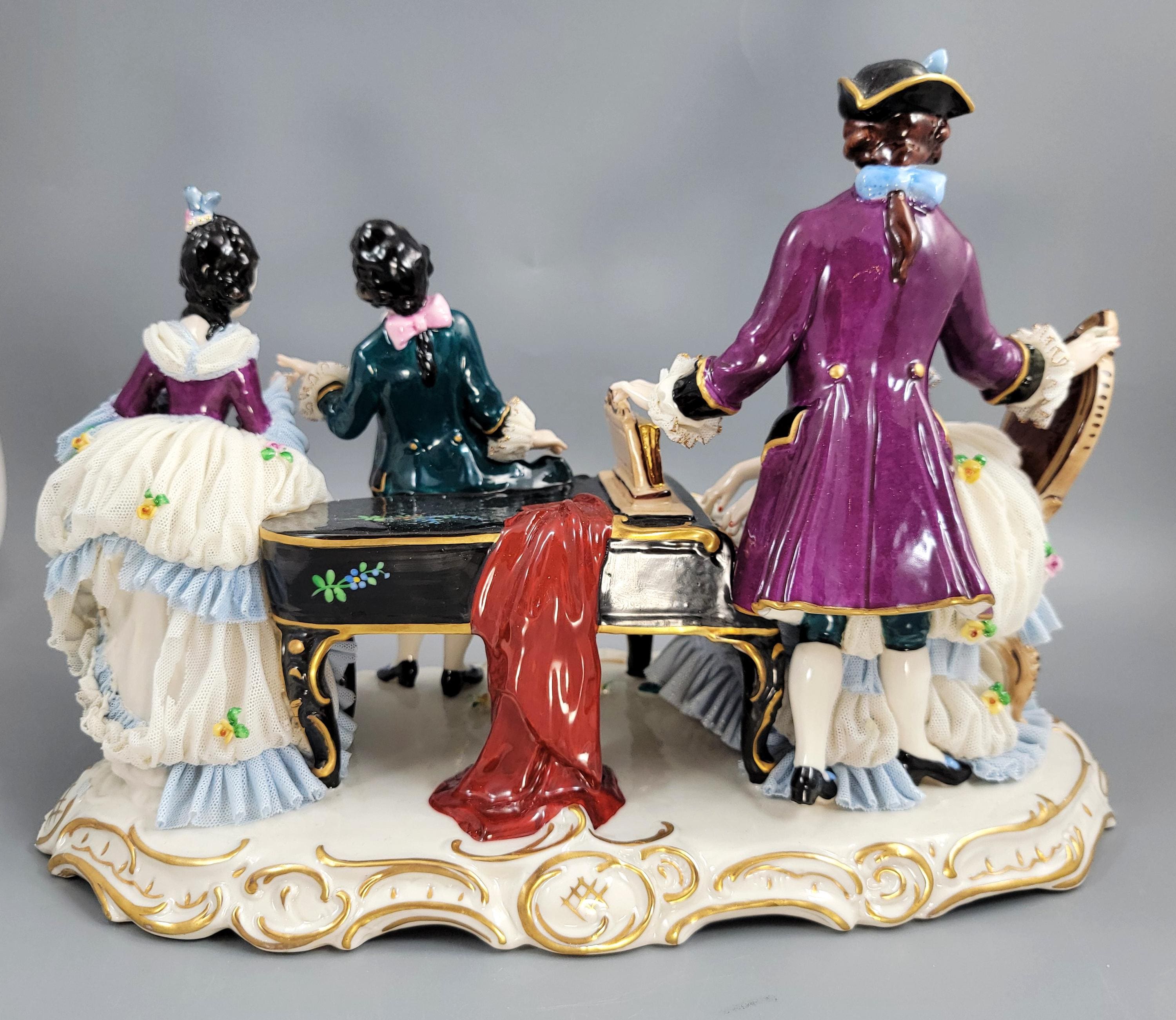 Ernst Bohne Söhne Lace Figural Group, Piano Scene, c.1901.
