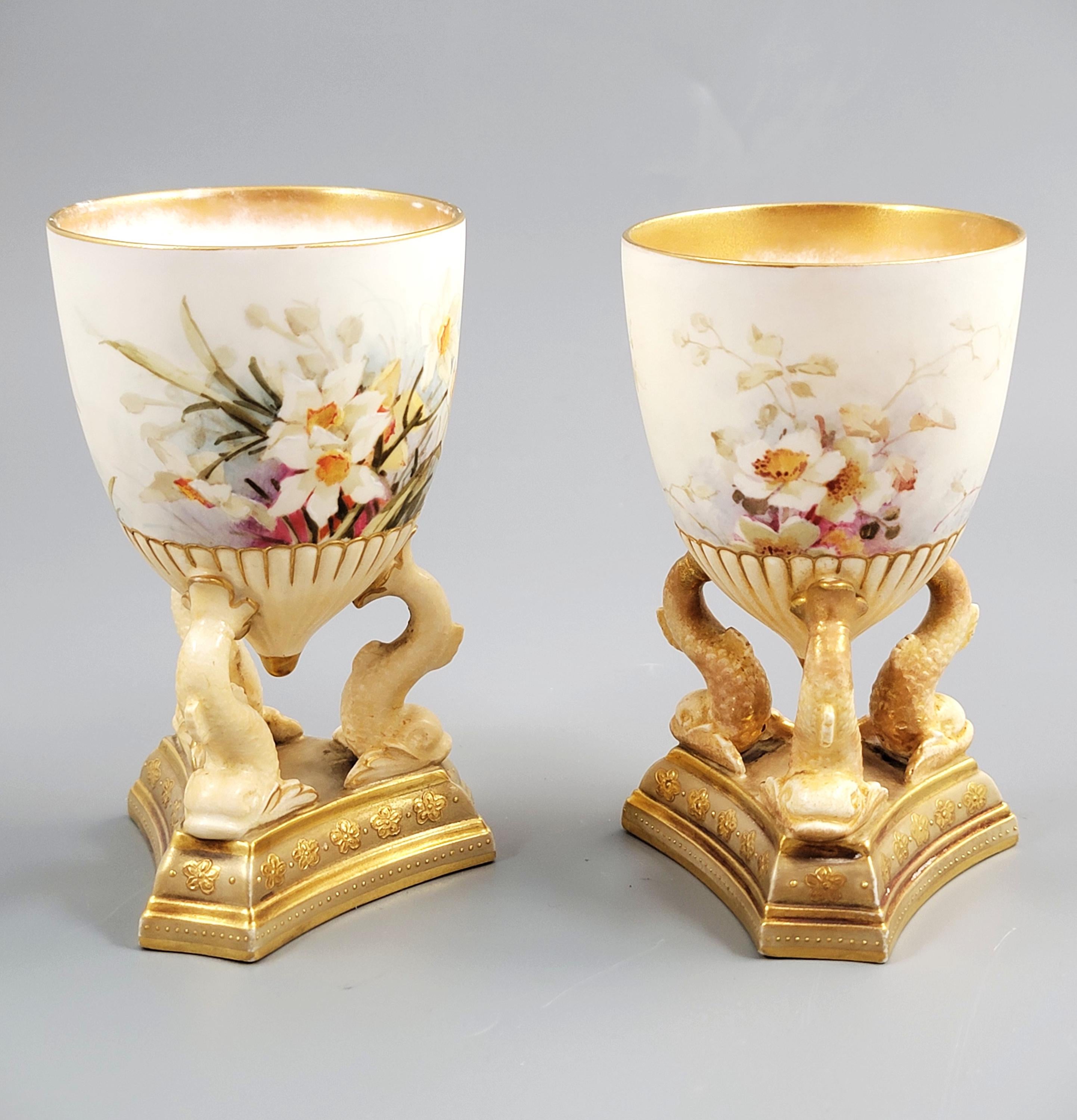 Doulton Burslem Pair of Hand-Painted Beaker Vases on Three Dolphins, c.1891