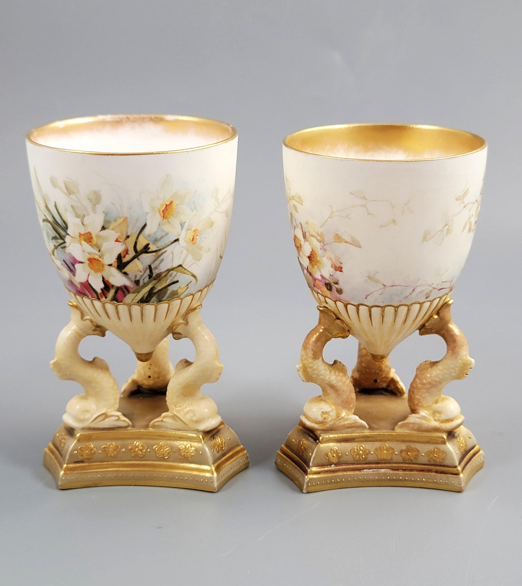 Doulton Burslem Pair of Hand-Painted Beaker Vases on Three Dolphins, c.1891