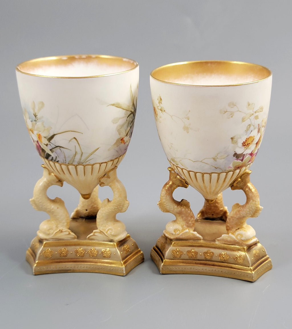 Doulton Burslem Pair of Hand-Painted Beaker Vases on Three Dolphins, c.1891