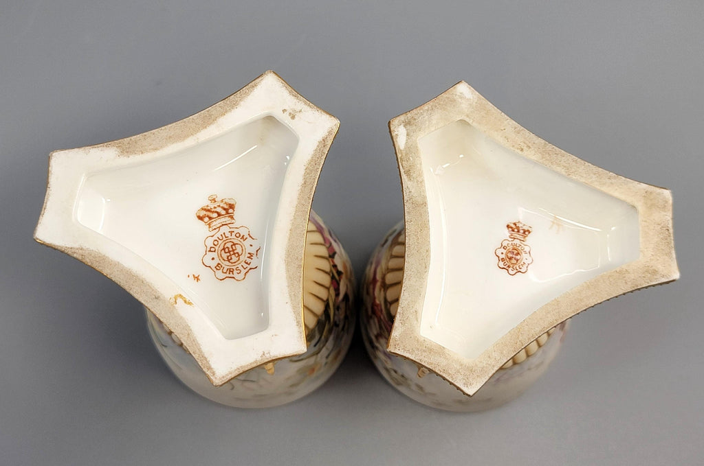Doulton Burslem Pair of Hand-Painted Beaker Vases on Three Dolphins, c.1891