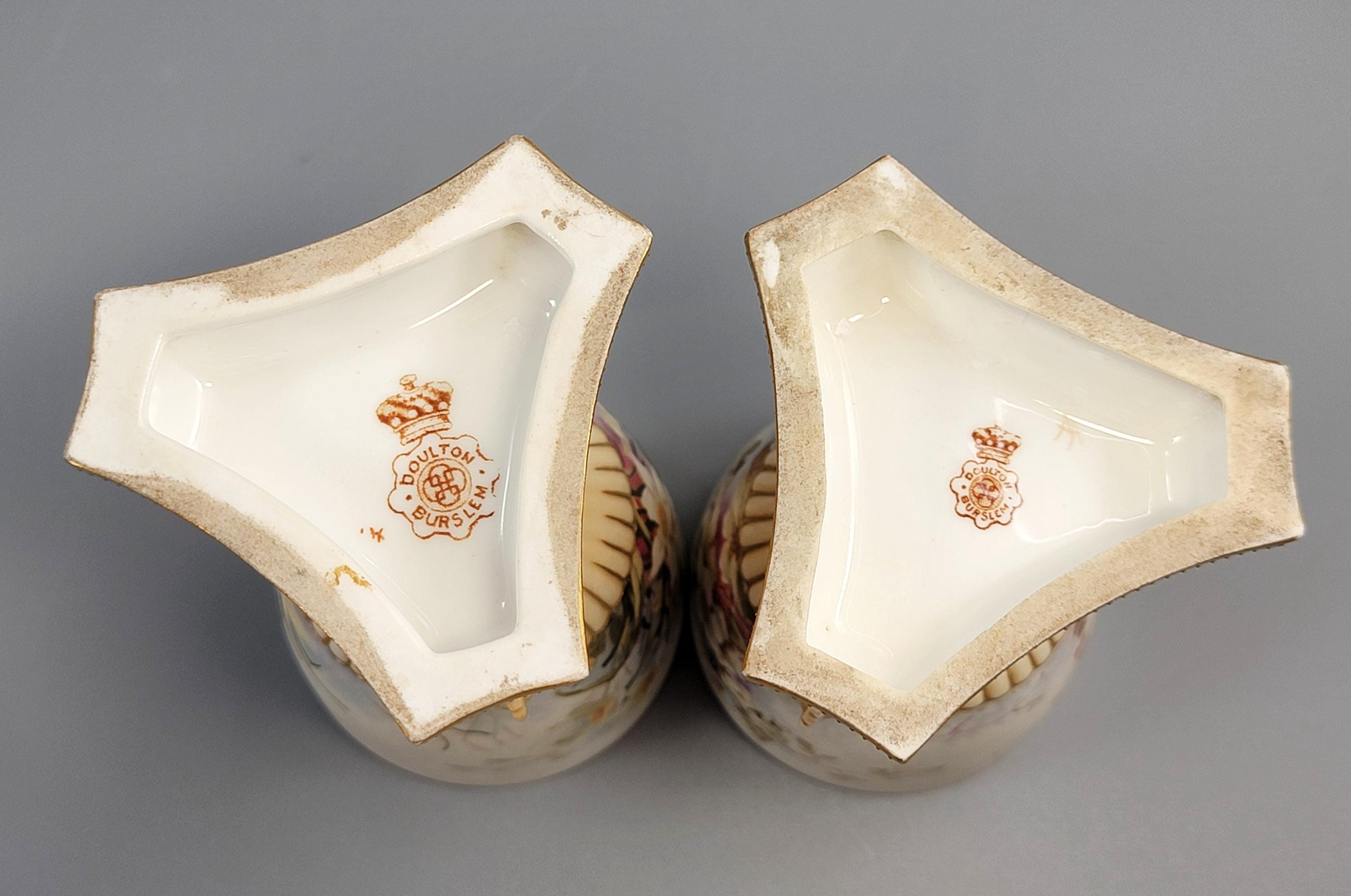 Doulton Burslem Pair of Hand-Painted Beaker Vases on Three Dolphins, c.1891
