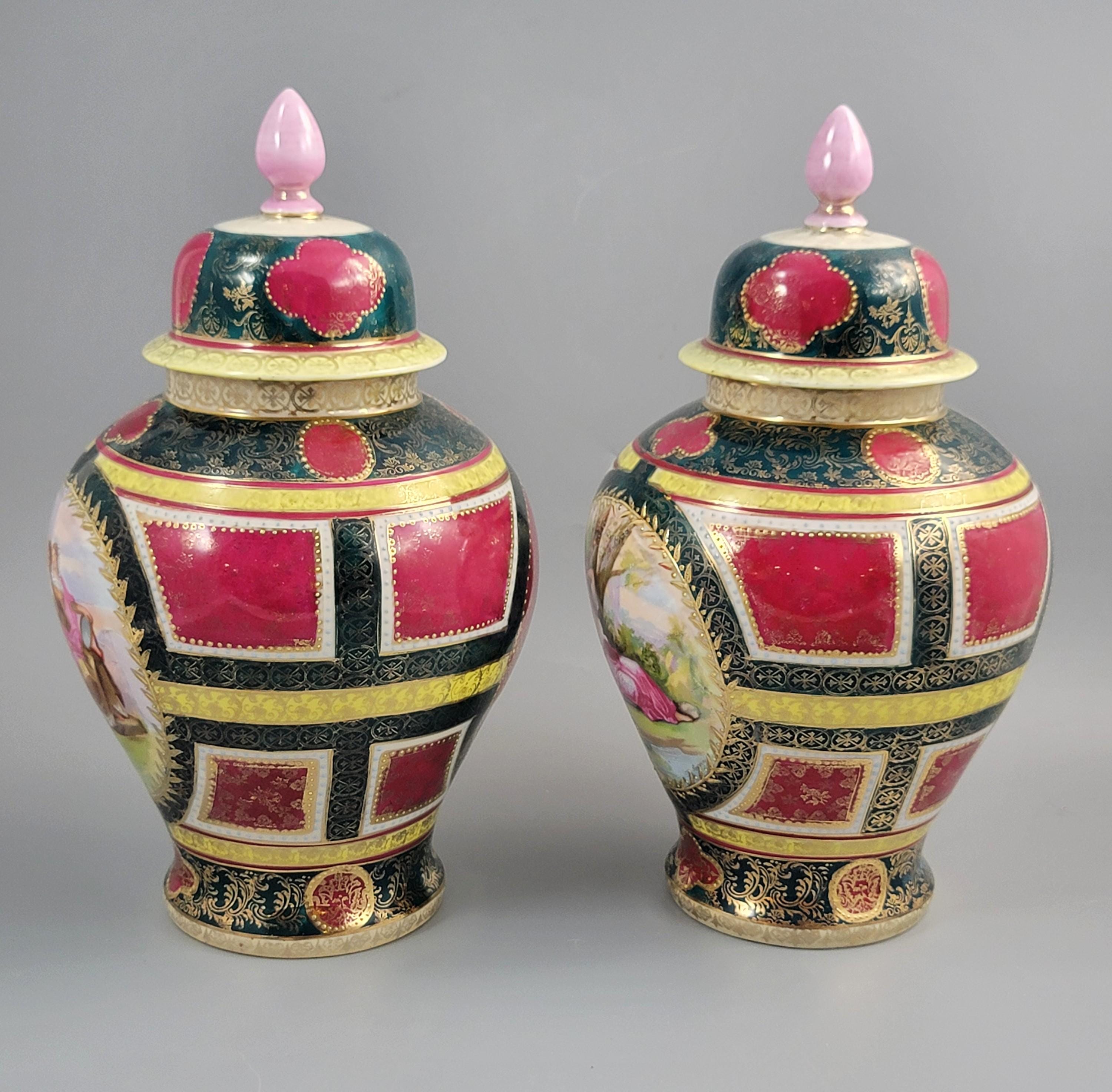 Royal Vienna-Style Pair of Porcelain Covered Vases, c.1880