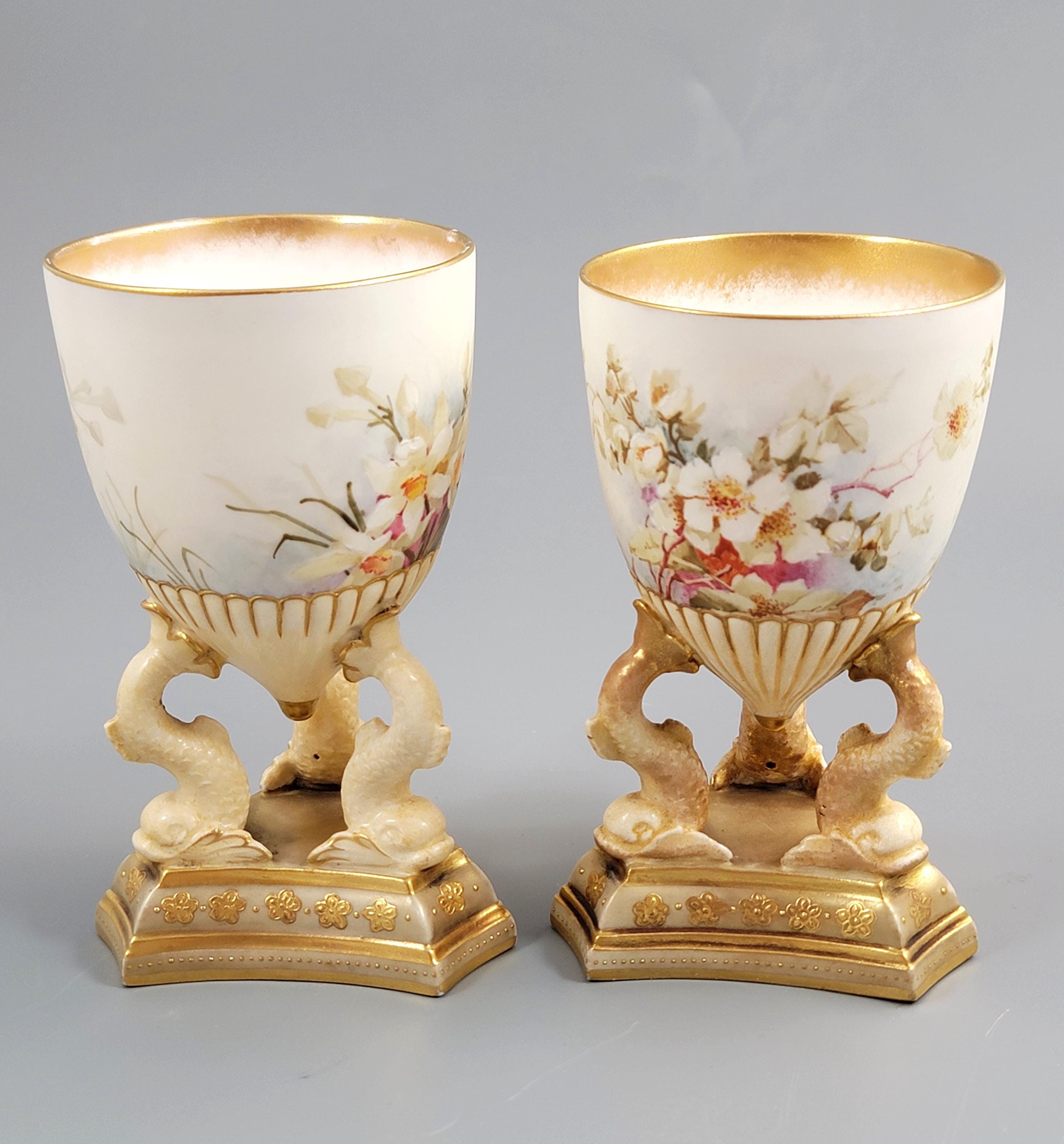 Doulton Burslem Pair of Hand-Painted Beaker Vases on Three Dolphins, c.1891
