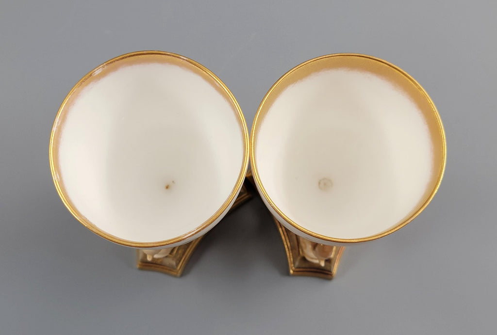 Doulton Burslem Pair of Hand-Painted Beaker Vases on Three Dolphins, c.1891