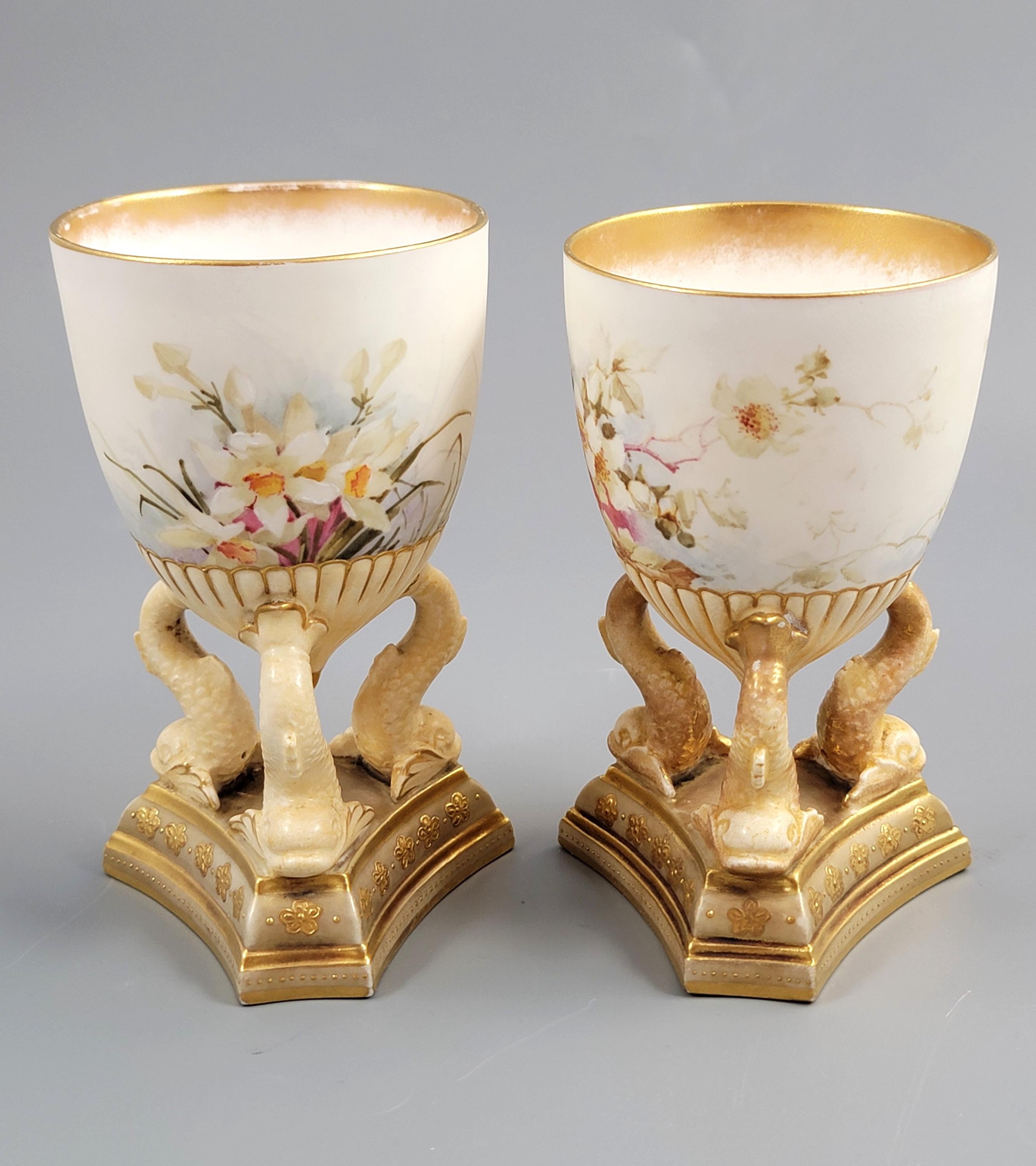 Doulton Burslem Pair of Hand-Painted Beaker Vases on Three Dolphins, c.1891