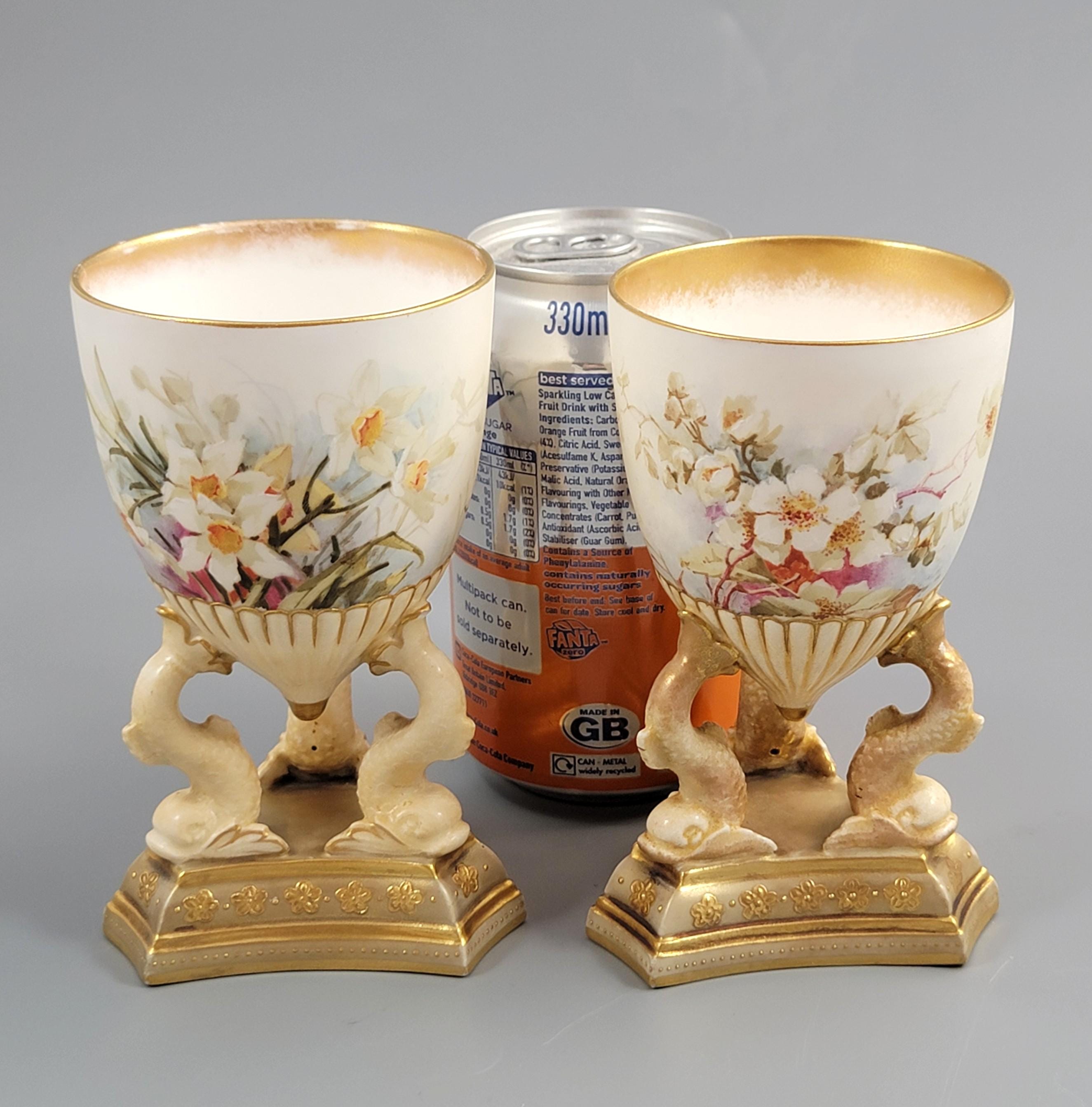 Doulton Burslem Pair of Hand-Painted Beaker Vases on Three Dolphins, c.1891