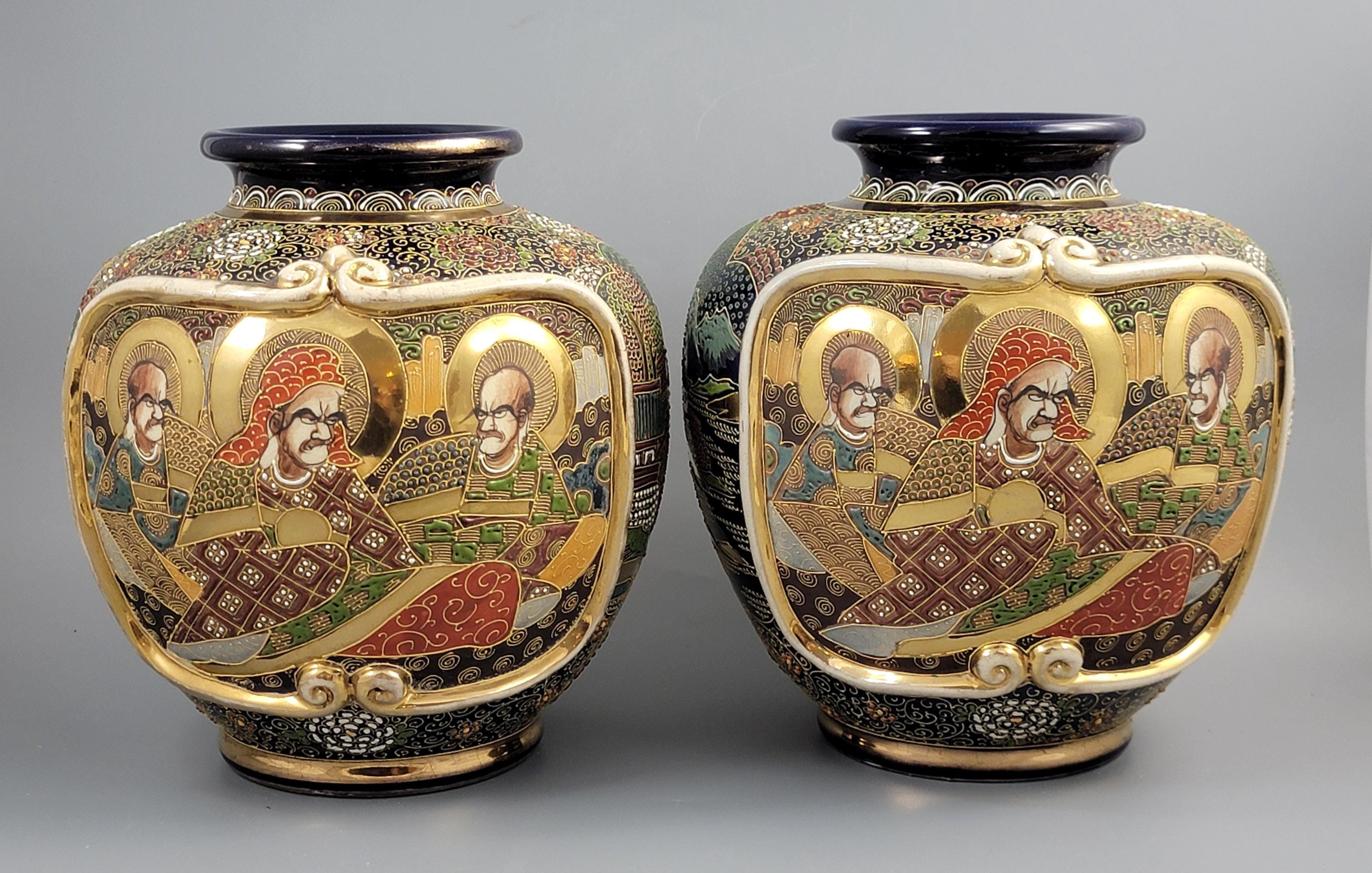 Fine Pair Meiji Kyoto Satsuma Vases, Heavy Gilt Moriage