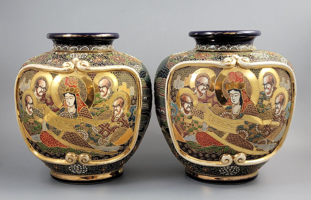 Fine Pair Meiji Kyoto Satsuma Vases, Heavy Gilt Moriage