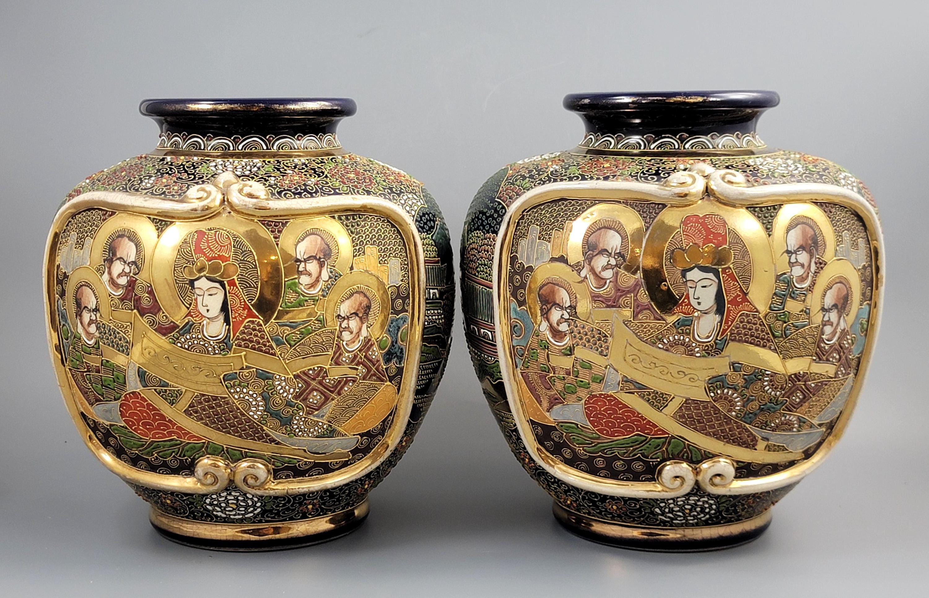 Fine Pair Meiji Kyoto Satsuma Vases, Heavy Gilt Moriage