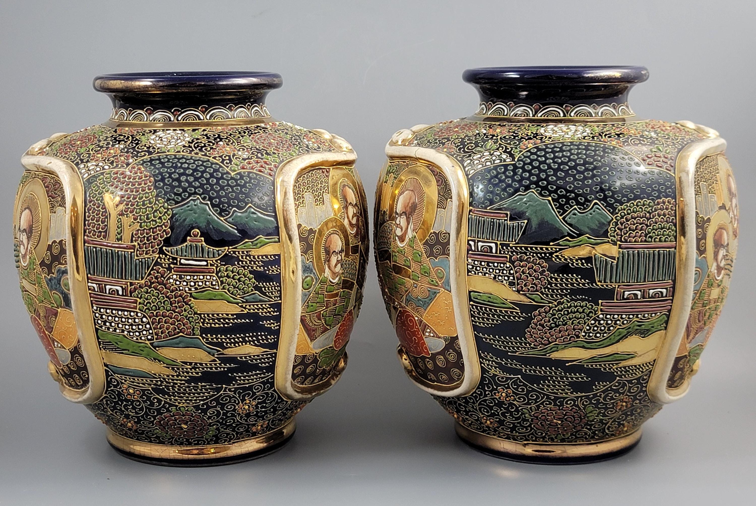 Fine Pair Meiji Kyoto Satsuma Vases, Heavy Gilt Moriage