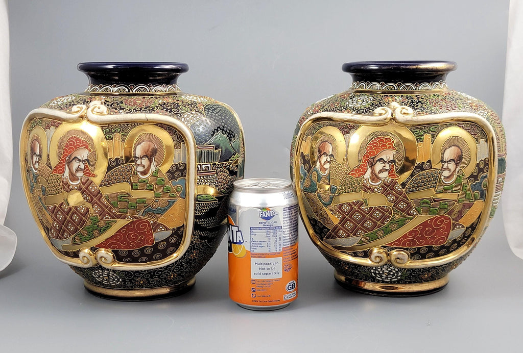 Fine Pair Meiji Kyoto Satsuma Vases, Heavy Gilt Moriage
