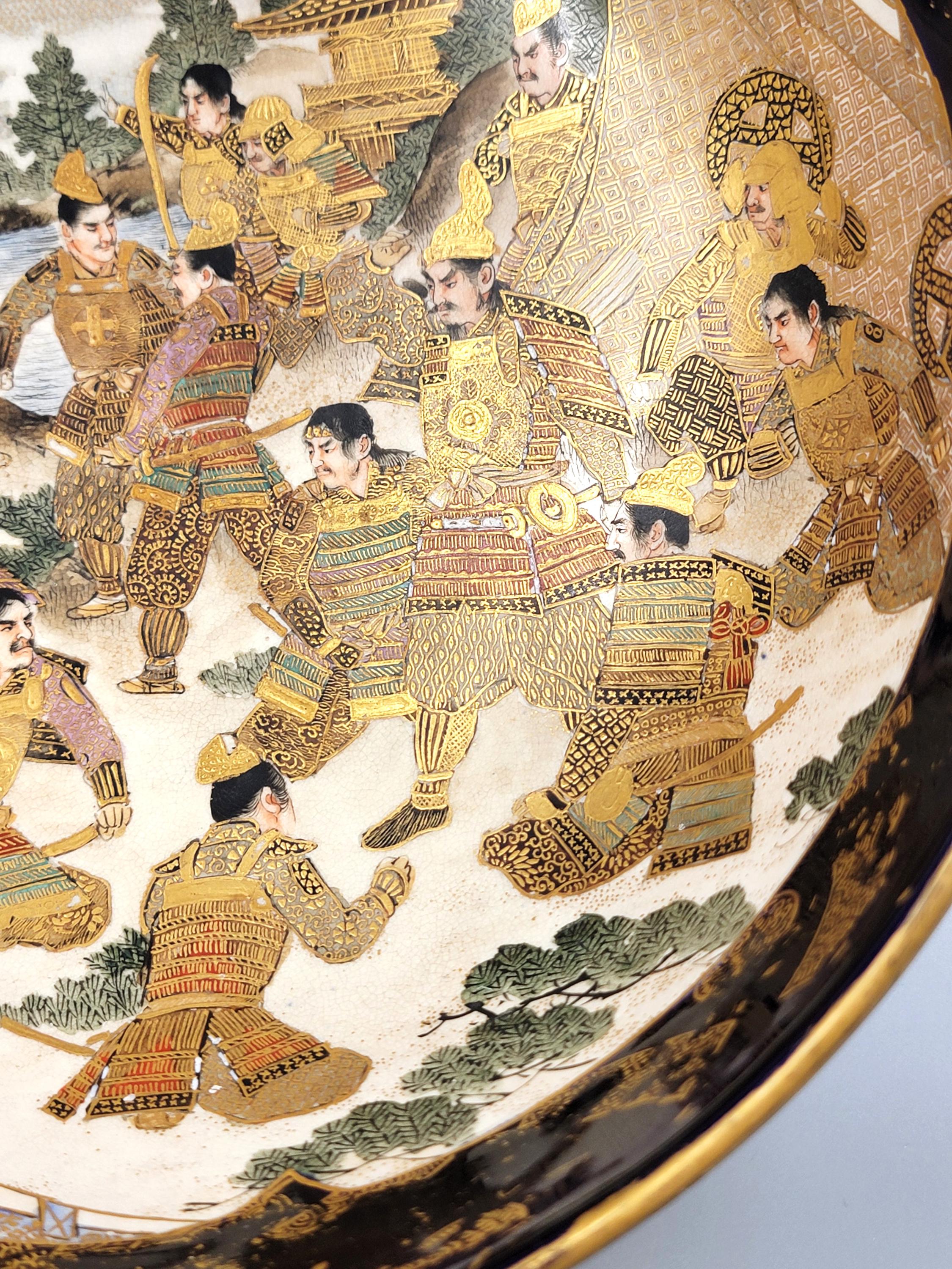 Kinkozan Kyoto Satsuma Bowl — Samurai Night Battle, Shimazu Crest, c.1900