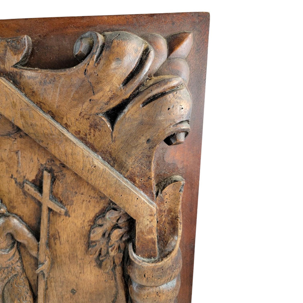 Antique French hand-carved walnut panel of the Baptism of Christ, 17th century Louis XIII religious art, church altarpiece fragment