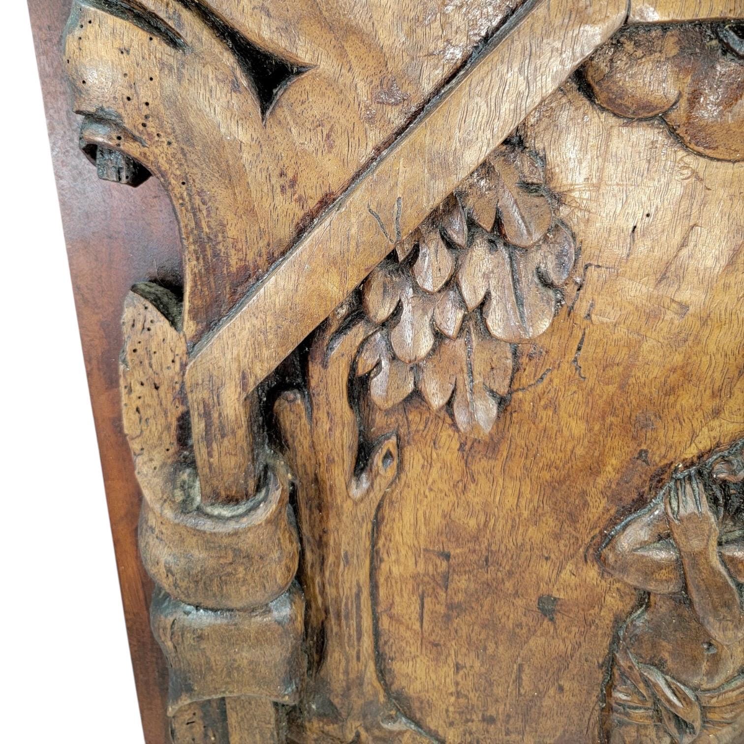 Antique French hand-carved walnut panel of the Baptism of Christ, 17th century Louis XIII religious art, church altarpiece fragment