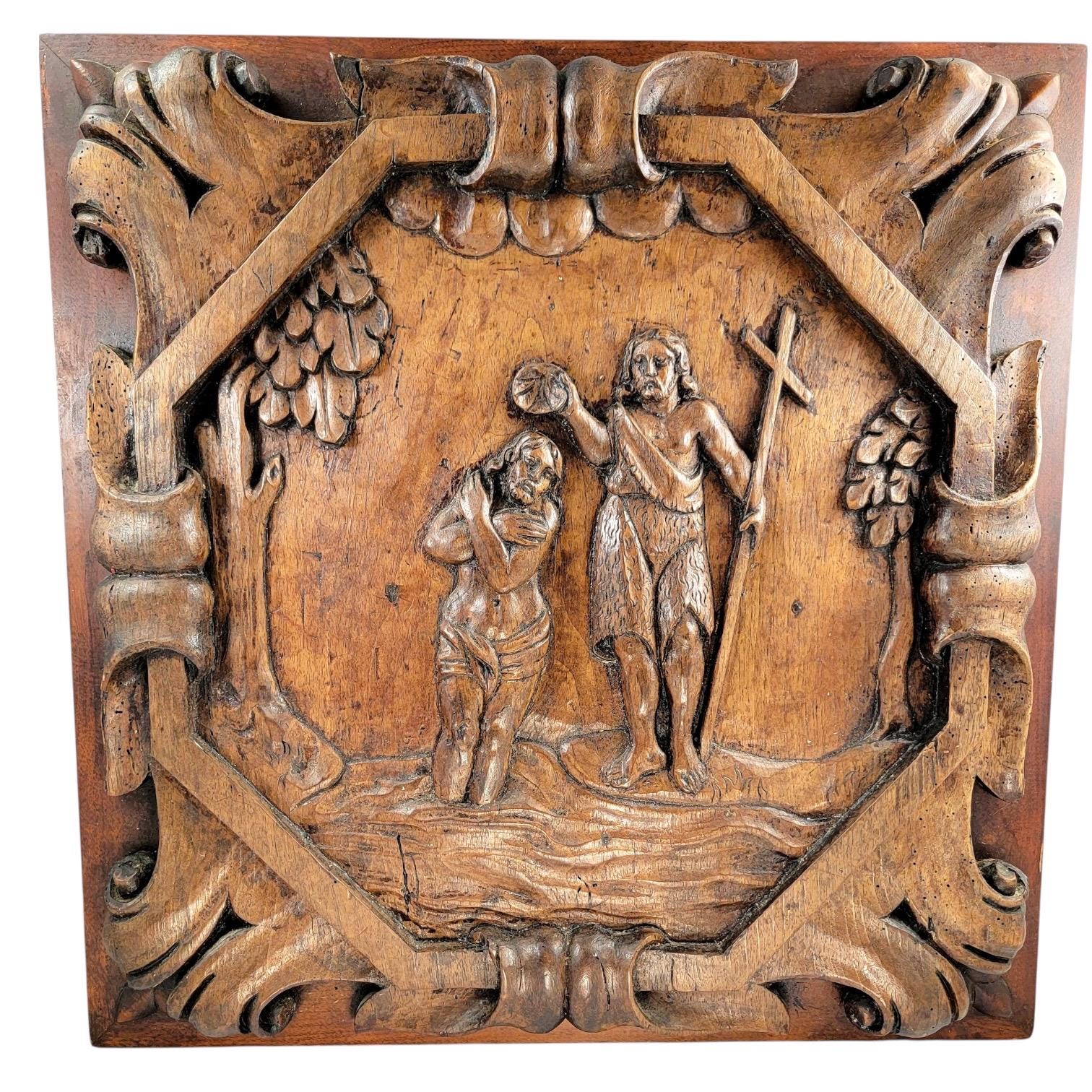Antique French hand-carved walnut panel of the Baptism of Christ, 17th century Louis XIII religious art, church altarpiece fragment