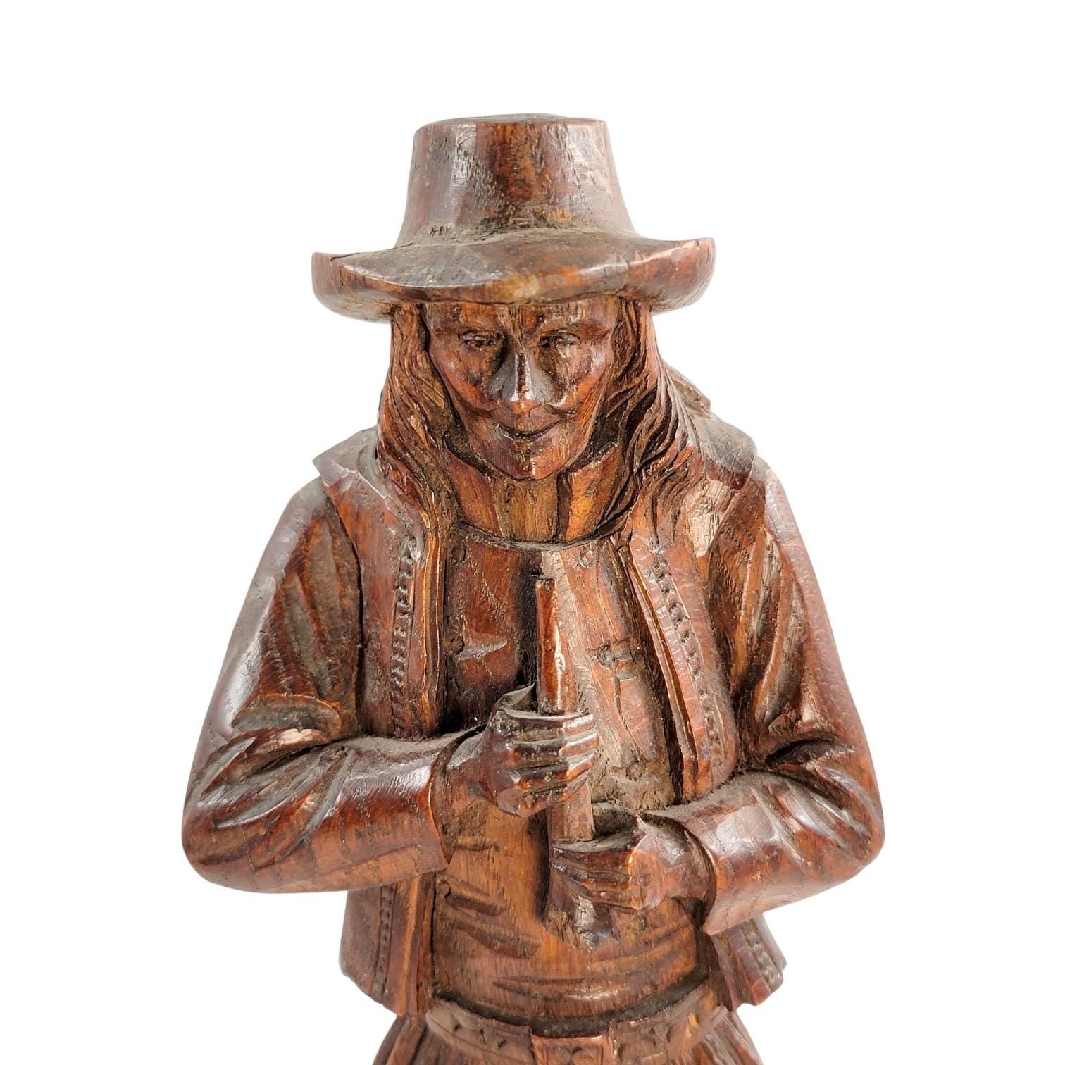 Antique Black Forest oak Pied Piper statue, 19th century German hand-carved folklore figure, detailed wood sculpture home decor