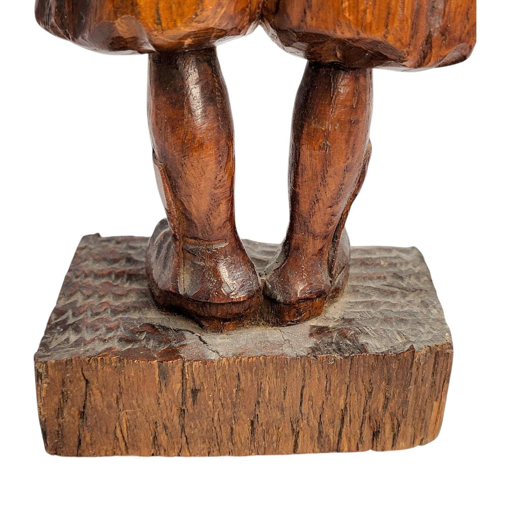 Antique Black Forest oak Pied Piper statue, 19th century German hand-carved folklore figure, detailed wood sculpture home decor