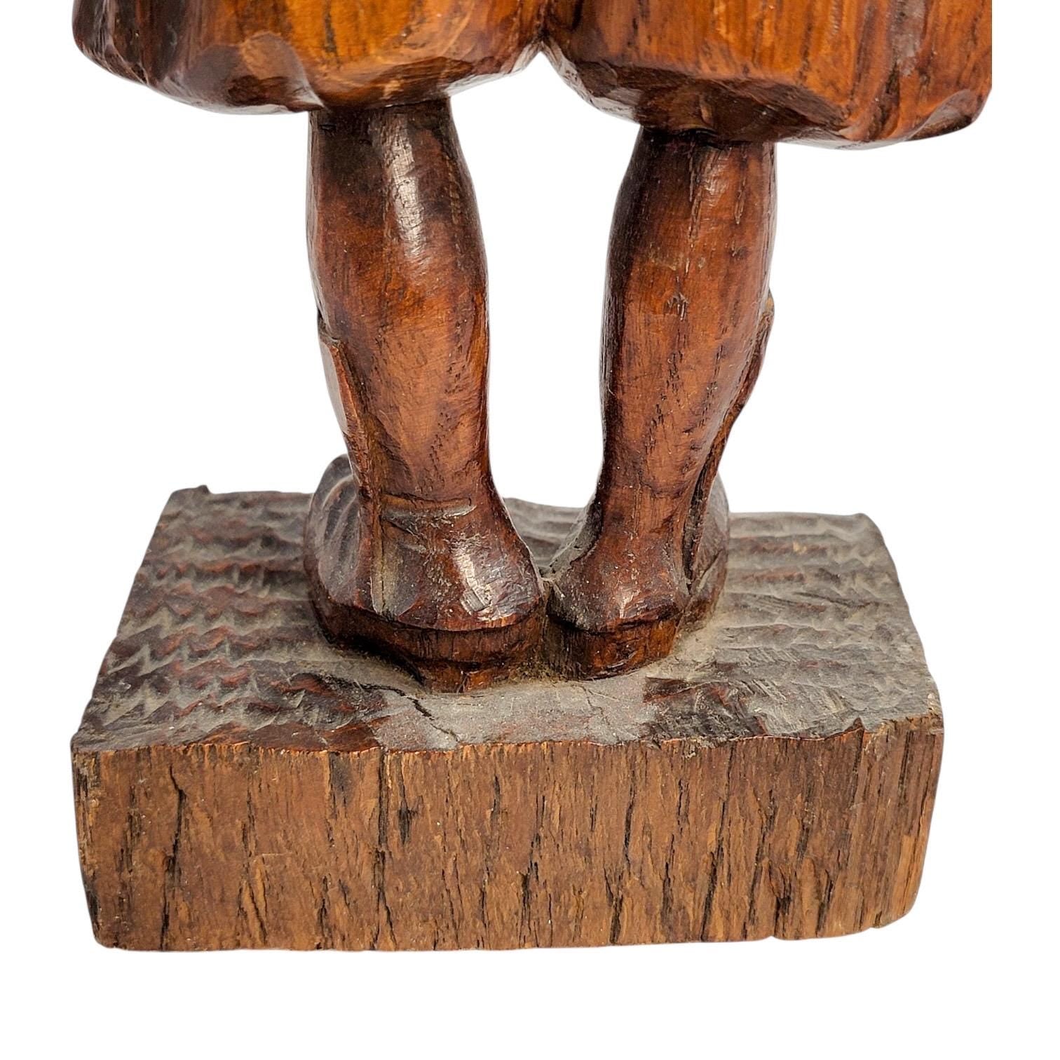 Antique Black Forest oak Pied Piper statue, 19th century German hand-carved folklore figure, detailed wood sculpture home decor