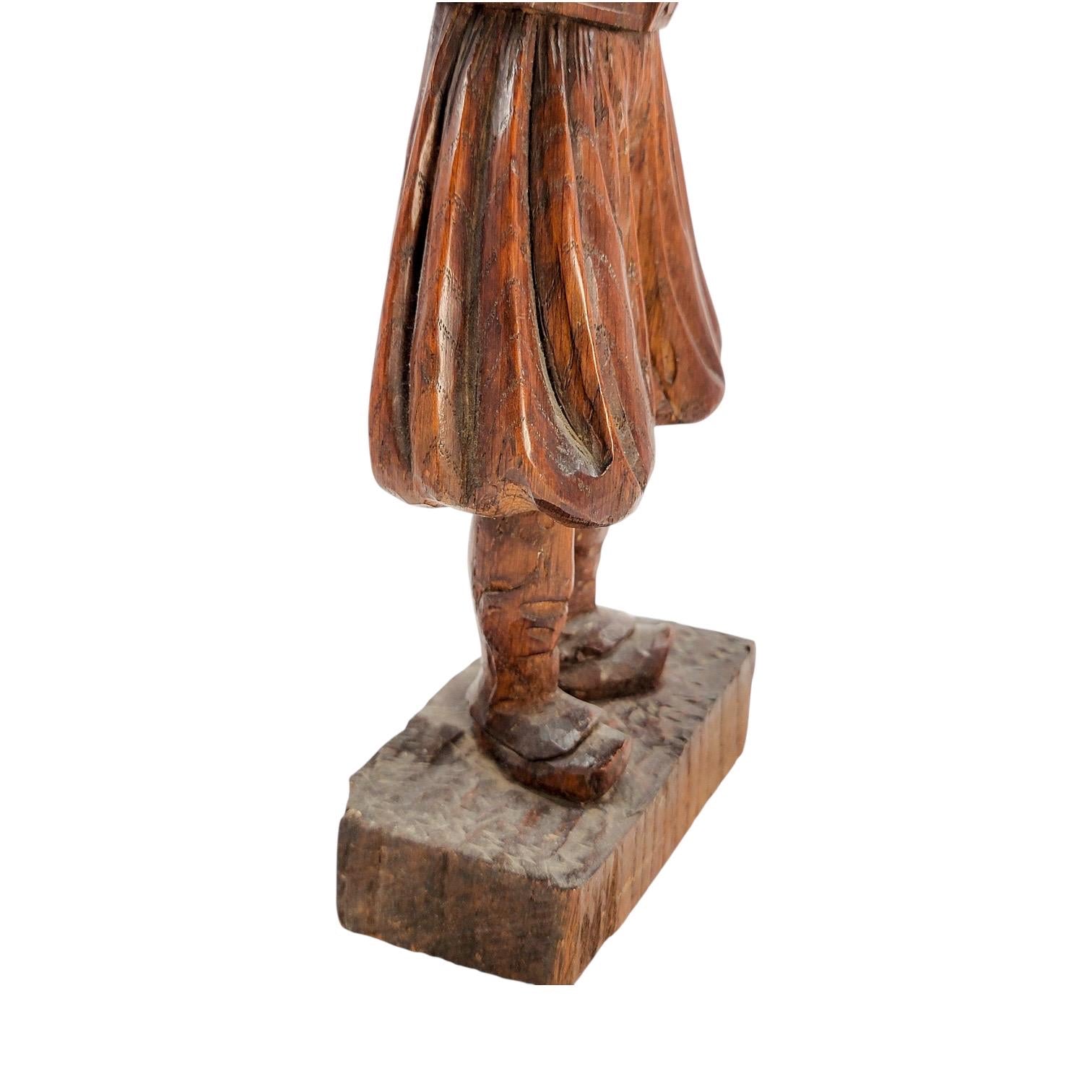 Antique Black Forest oak Pied Piper statue, 19th century German hand-carved folklore figure, detailed wood sculpture home decor